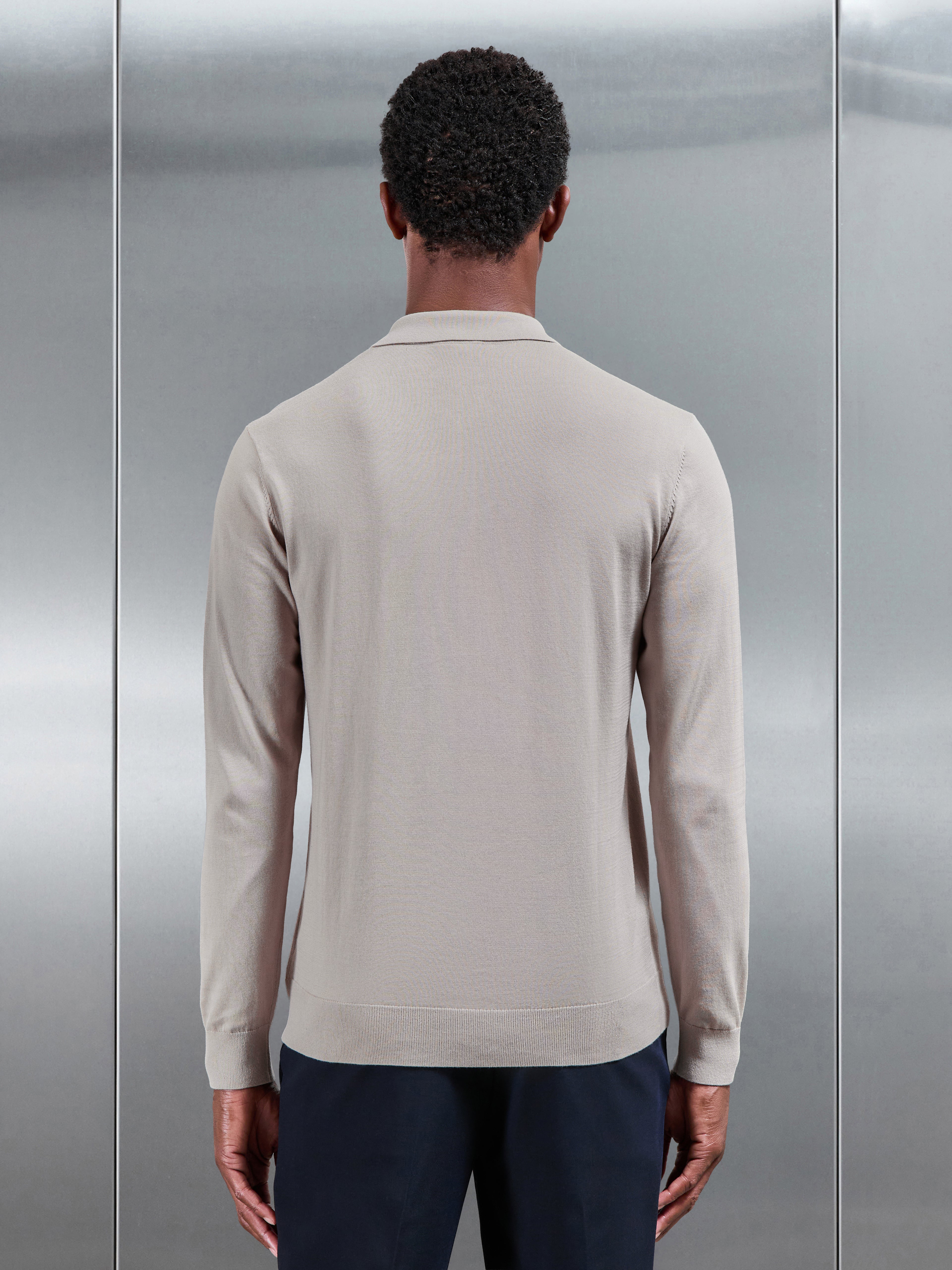 Cotton And Silk Long Sleeve Zip Polo Shirt in Stone