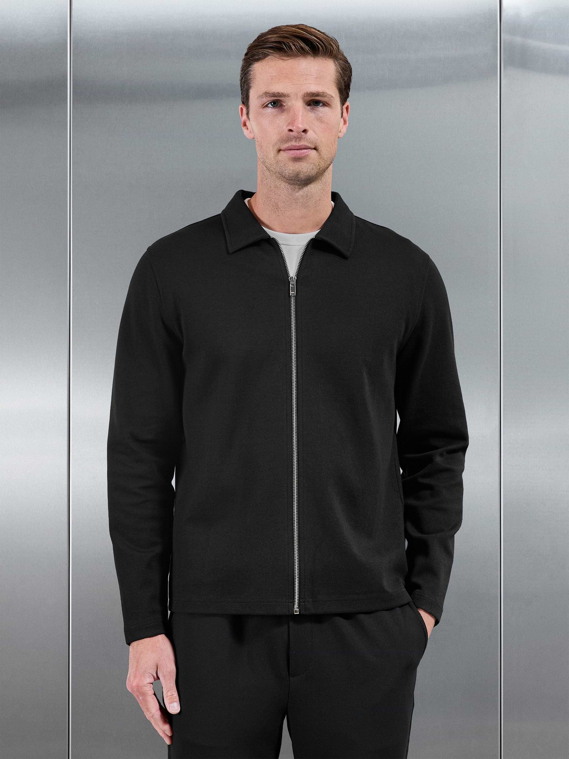 Cotton Jersey Zip Through Overshirt in Black