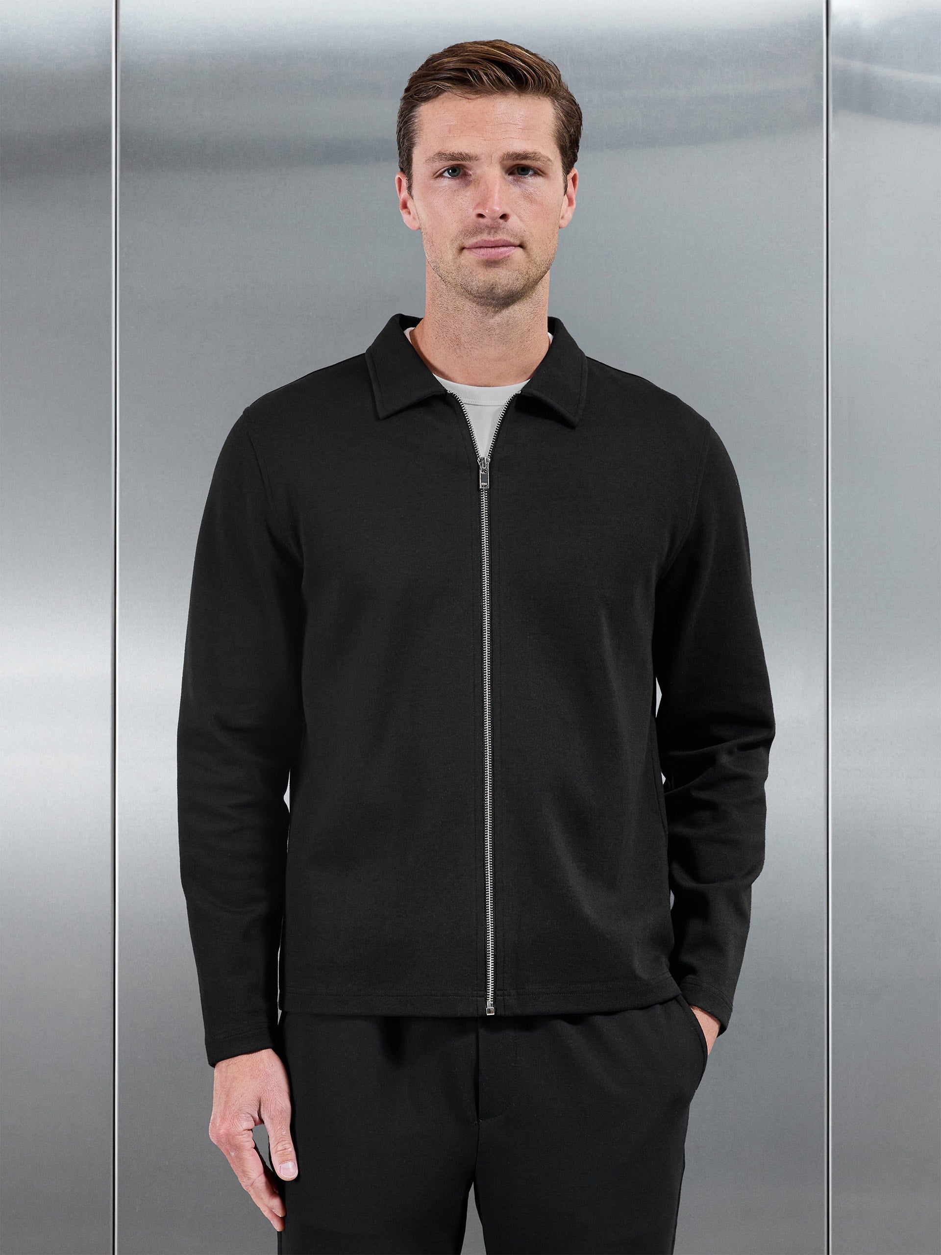 Cotton Jersey Zip Through Overshirt in Black
