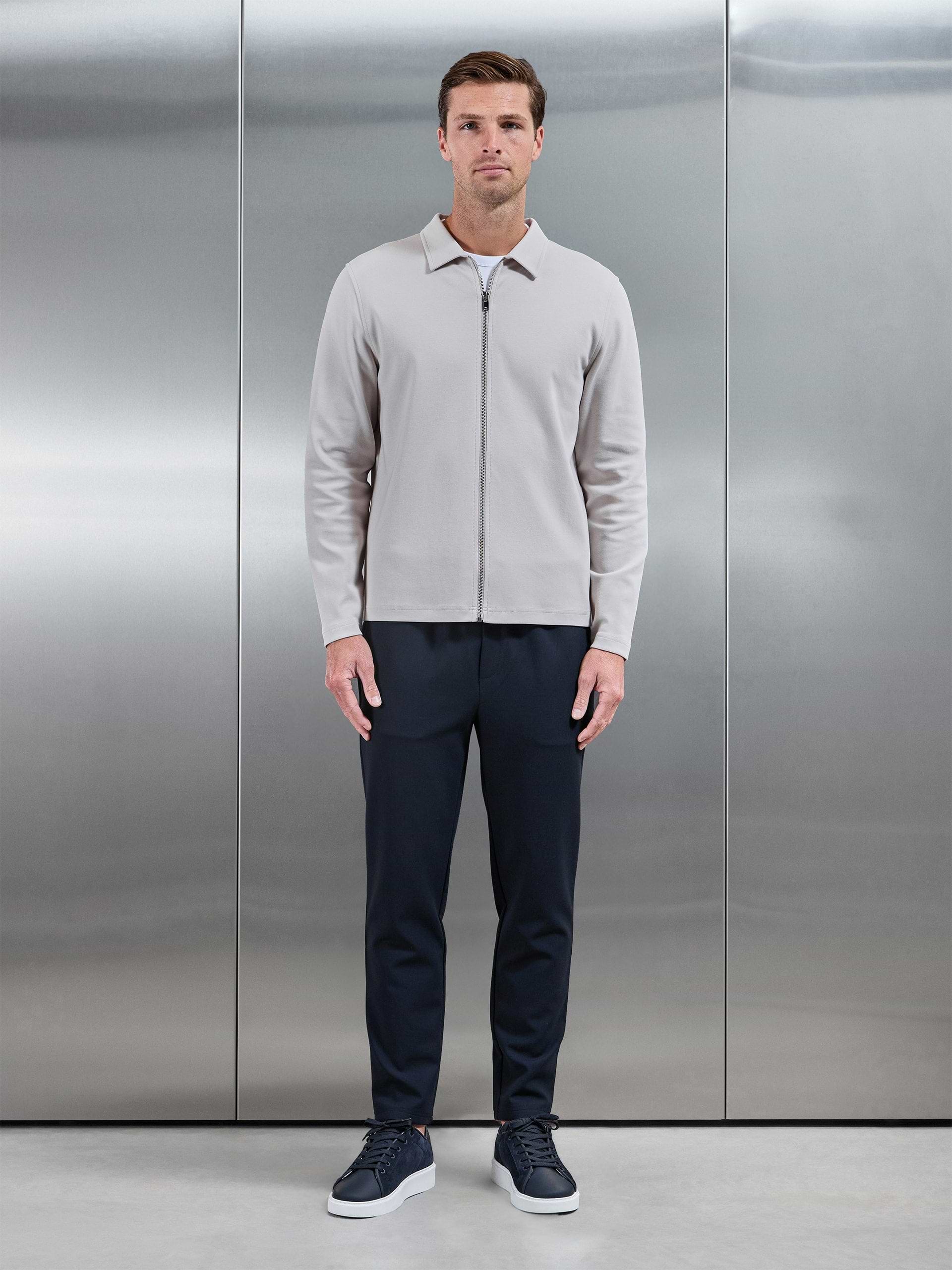 Cotton Jersey Zip Through Overshirt in Mid Grey