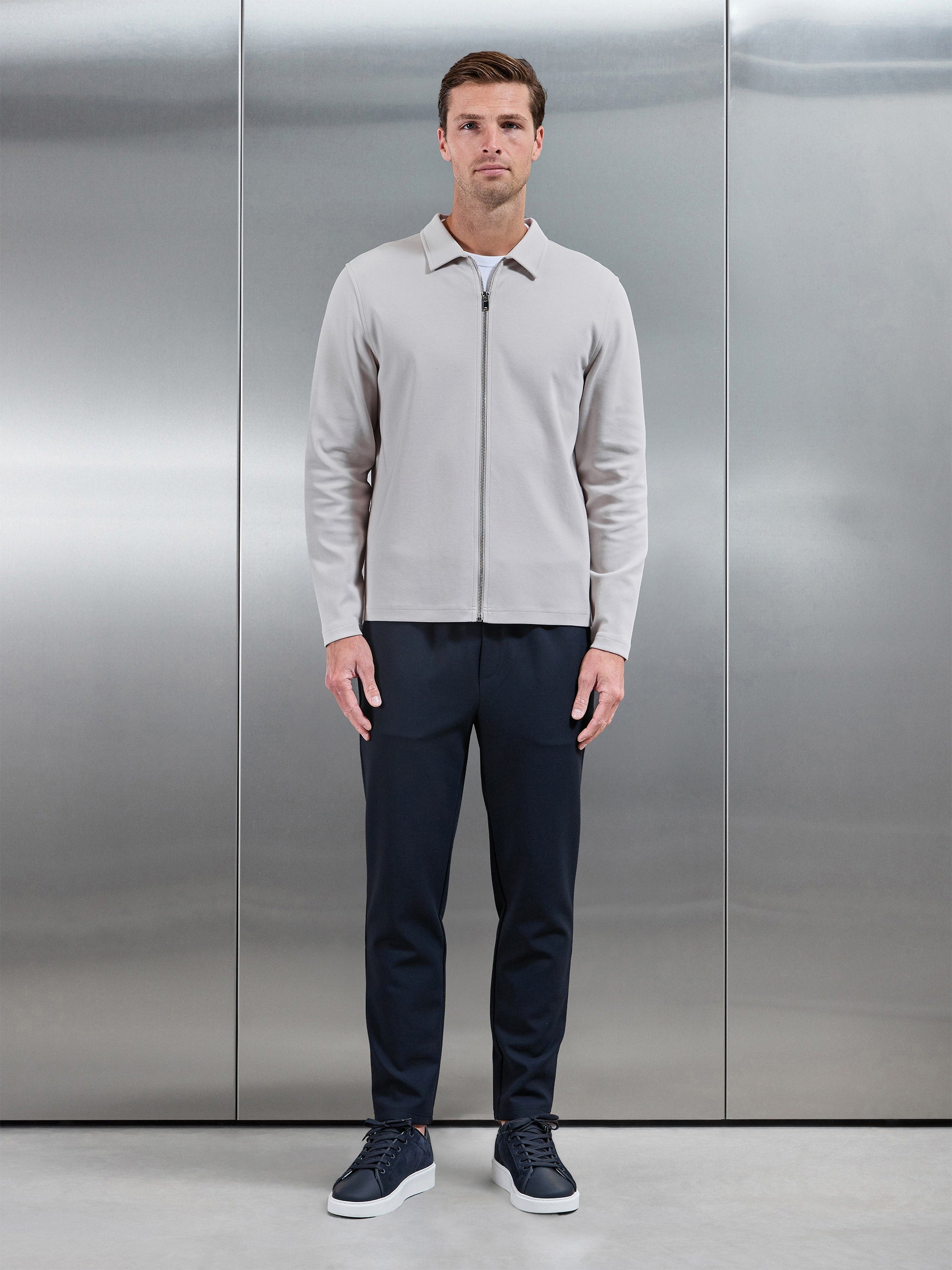 Cotton Jersey Zip Through Overshirt in Mid Grey
