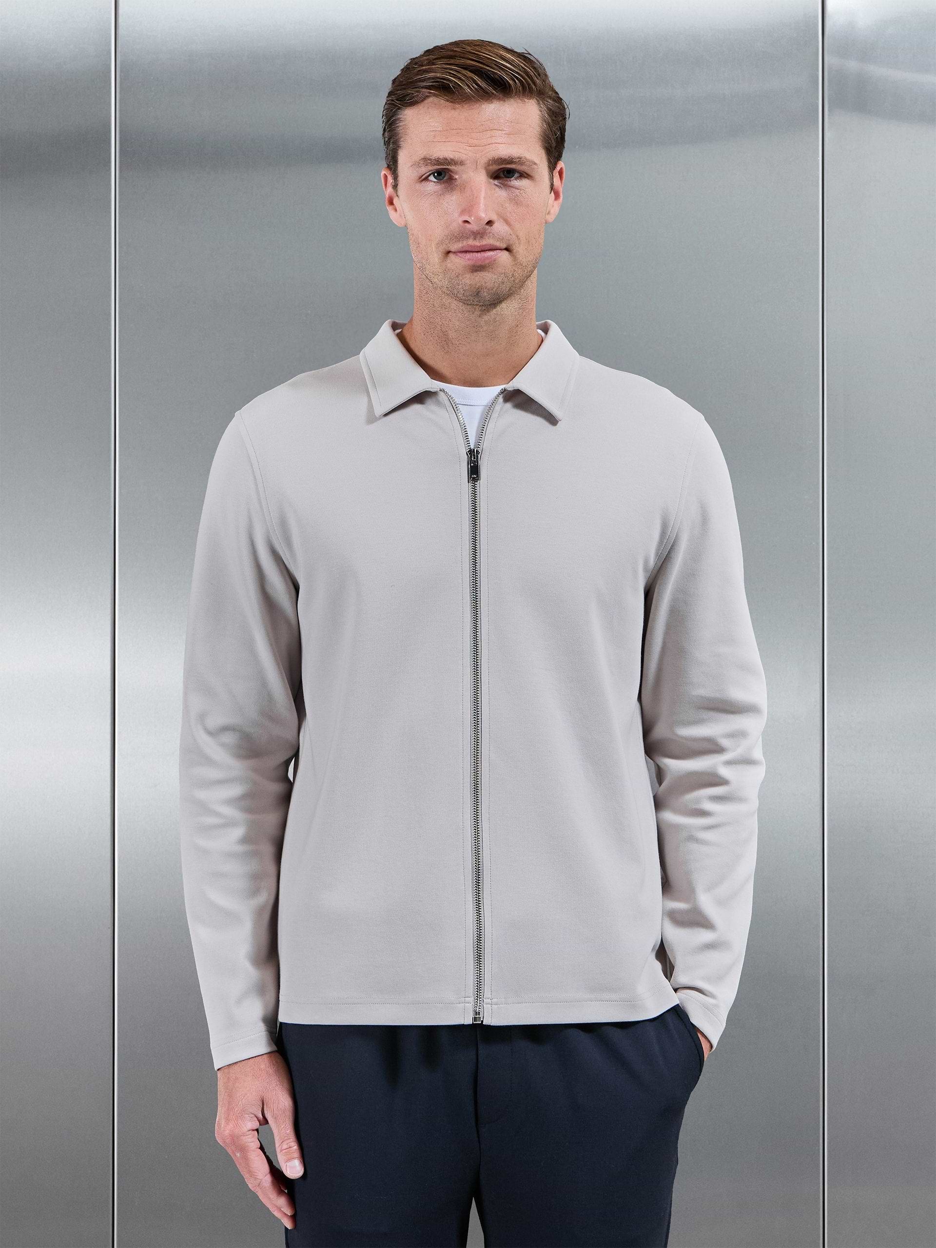 Cotton Jersey Zip Through Overshirt in Mid Grey