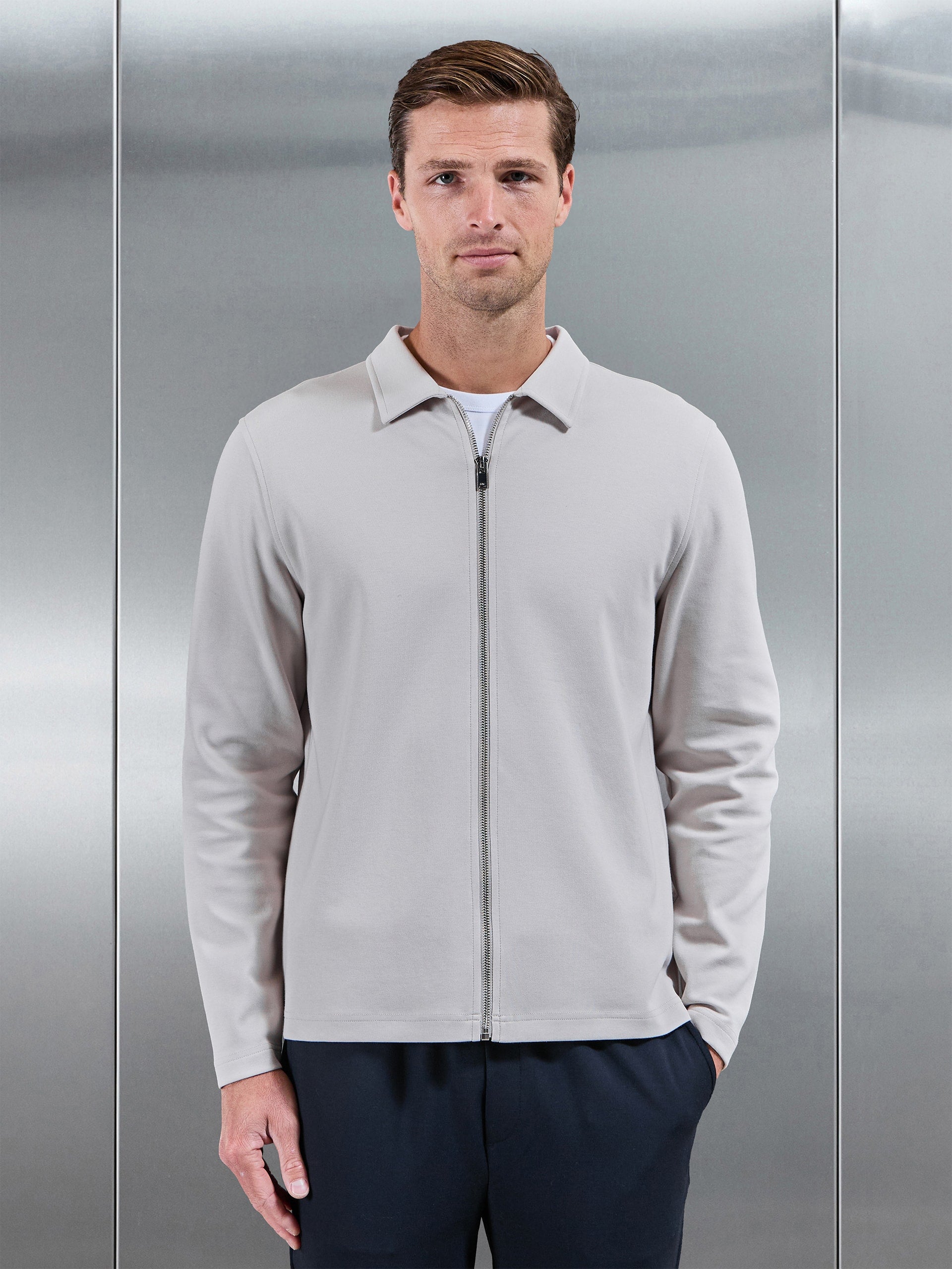 Cotton Jersey Zip Through Overshirt in Mid Grey
