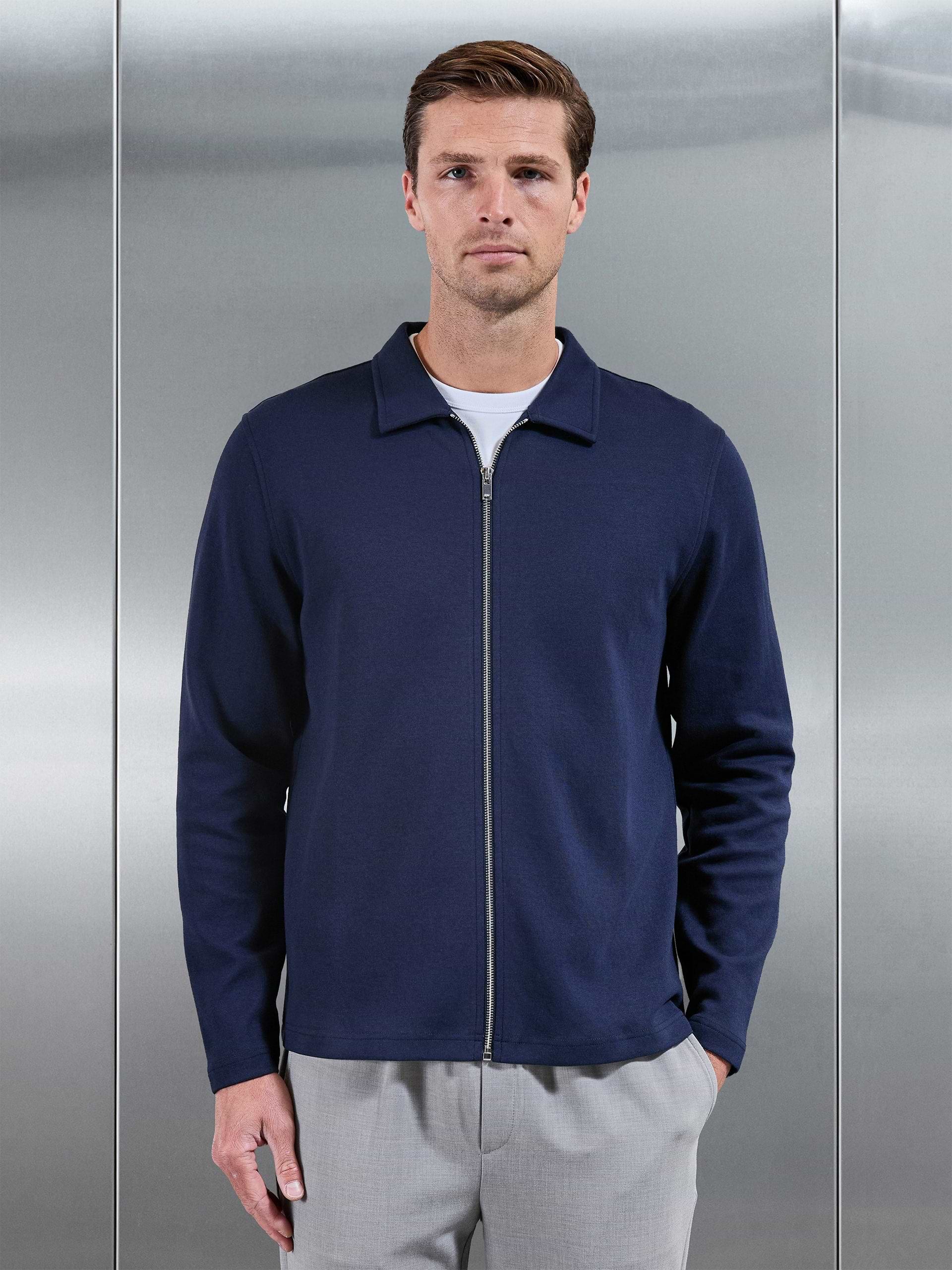 Cotton Jersey Zip Through Overshirt in Navy