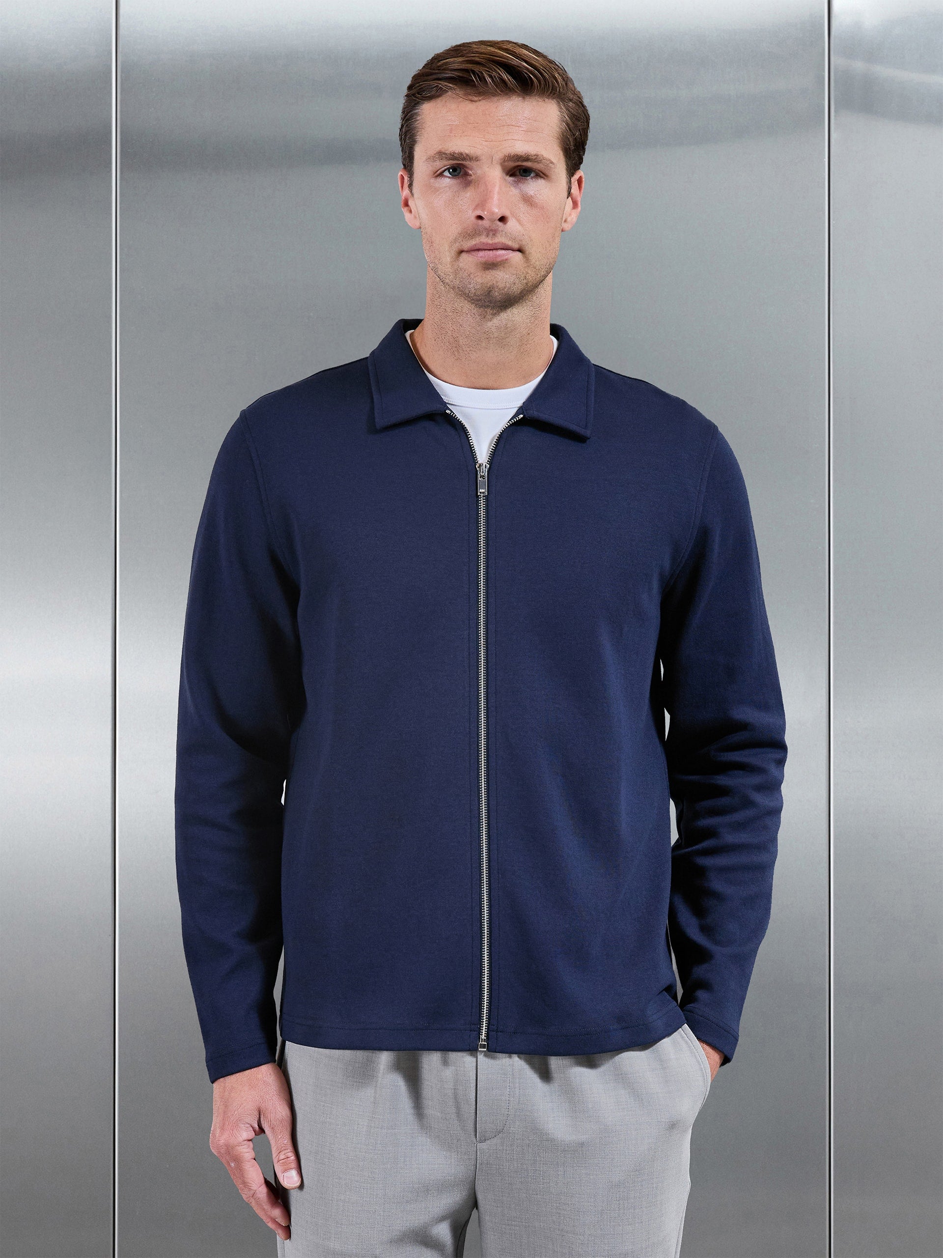 Cotton Jersey Zip Through Overshirt in Navy