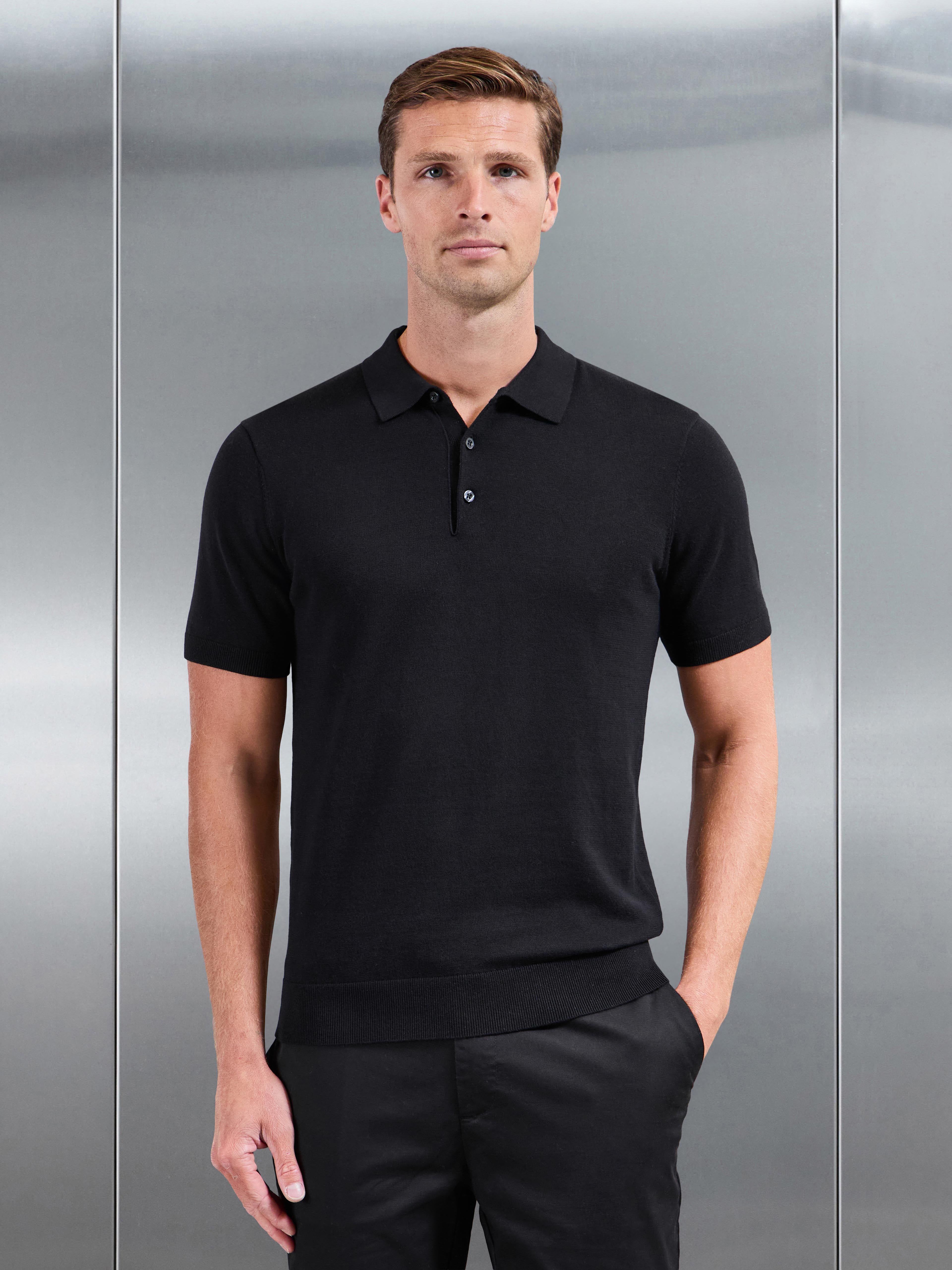 Cotton Knitted Button Polo Shirt in Black