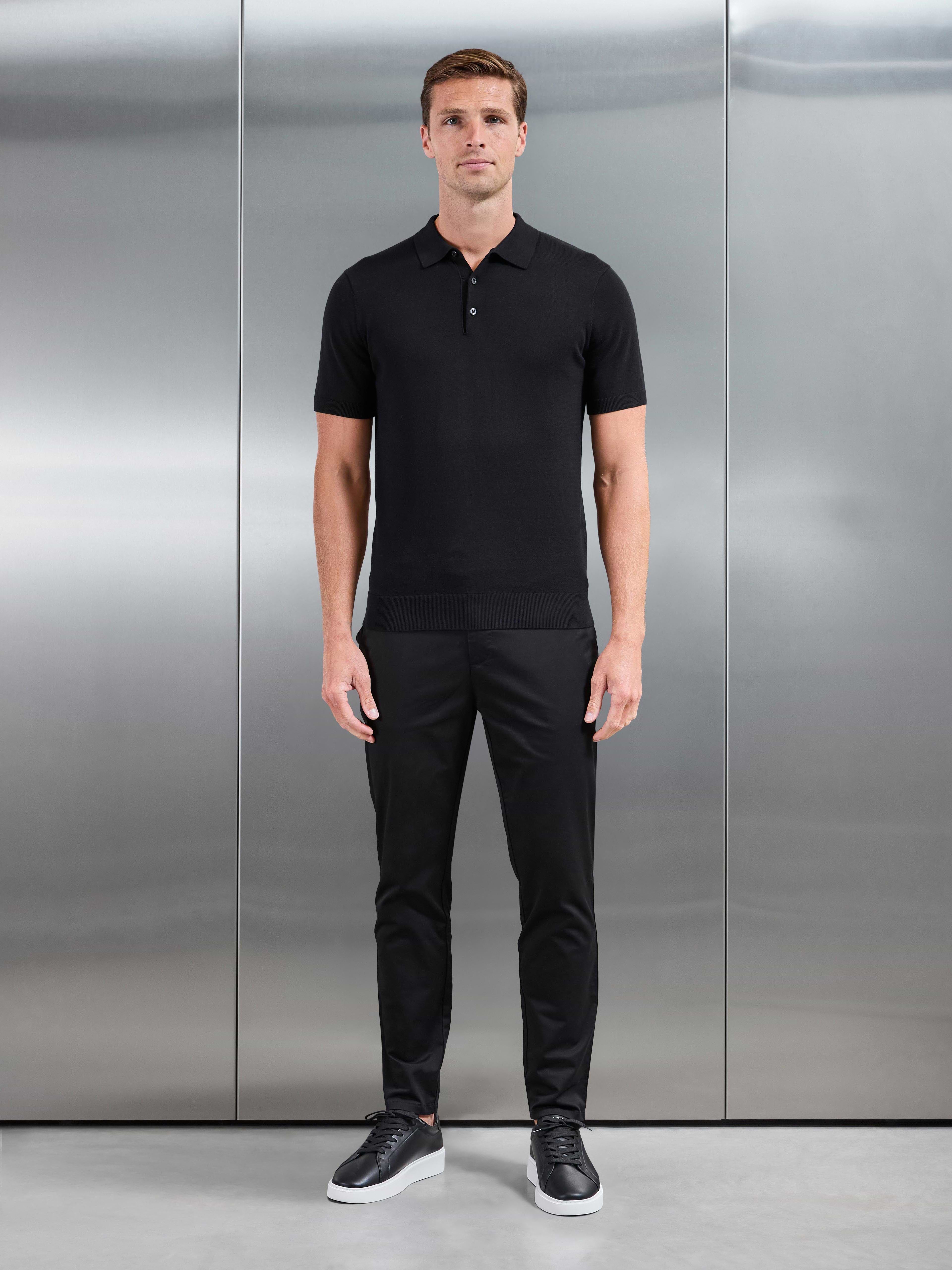 Cotton Knitted Button Polo Shirt in Black