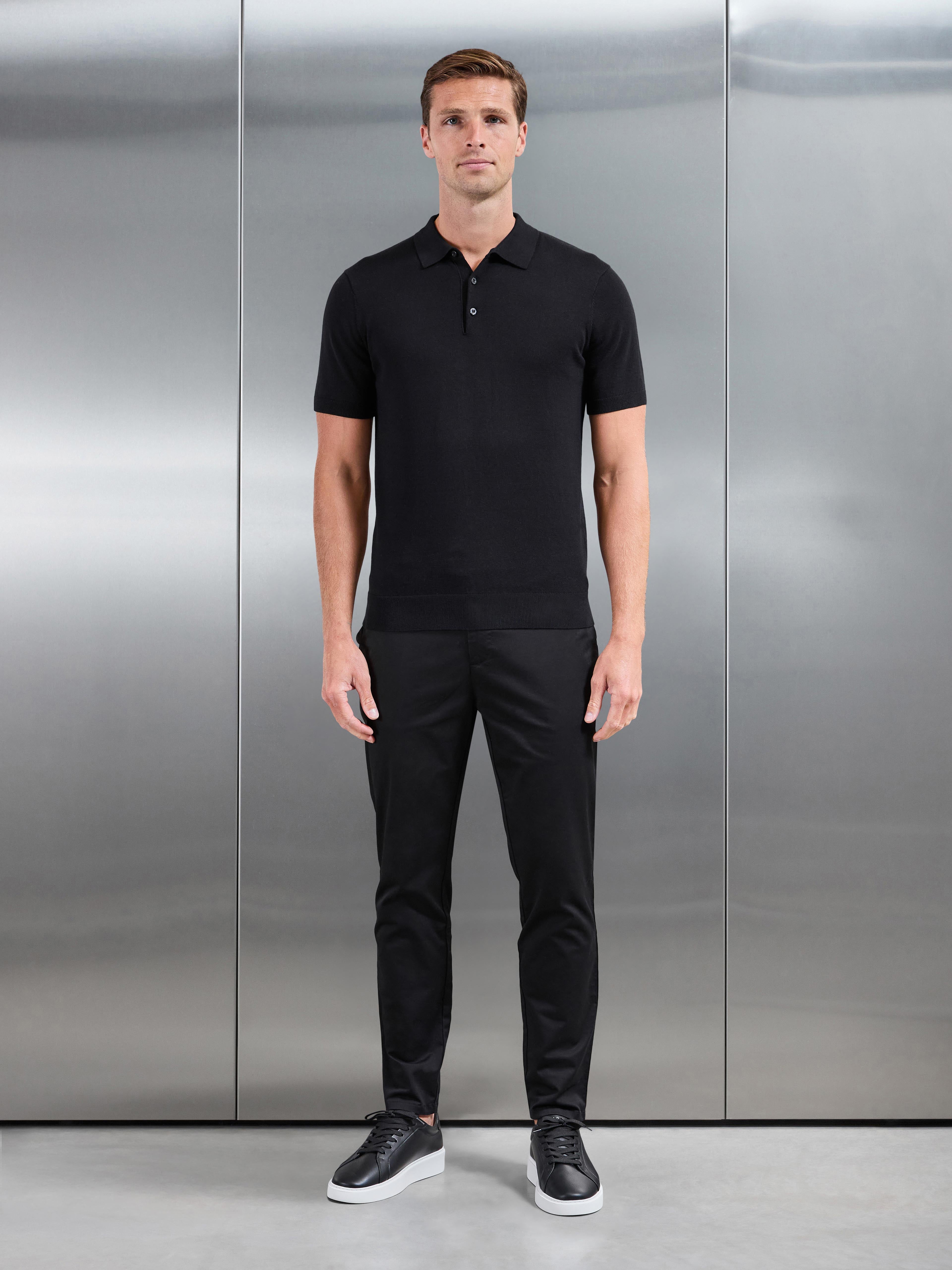 Cotton Knitted Button Polo Shirt in Black