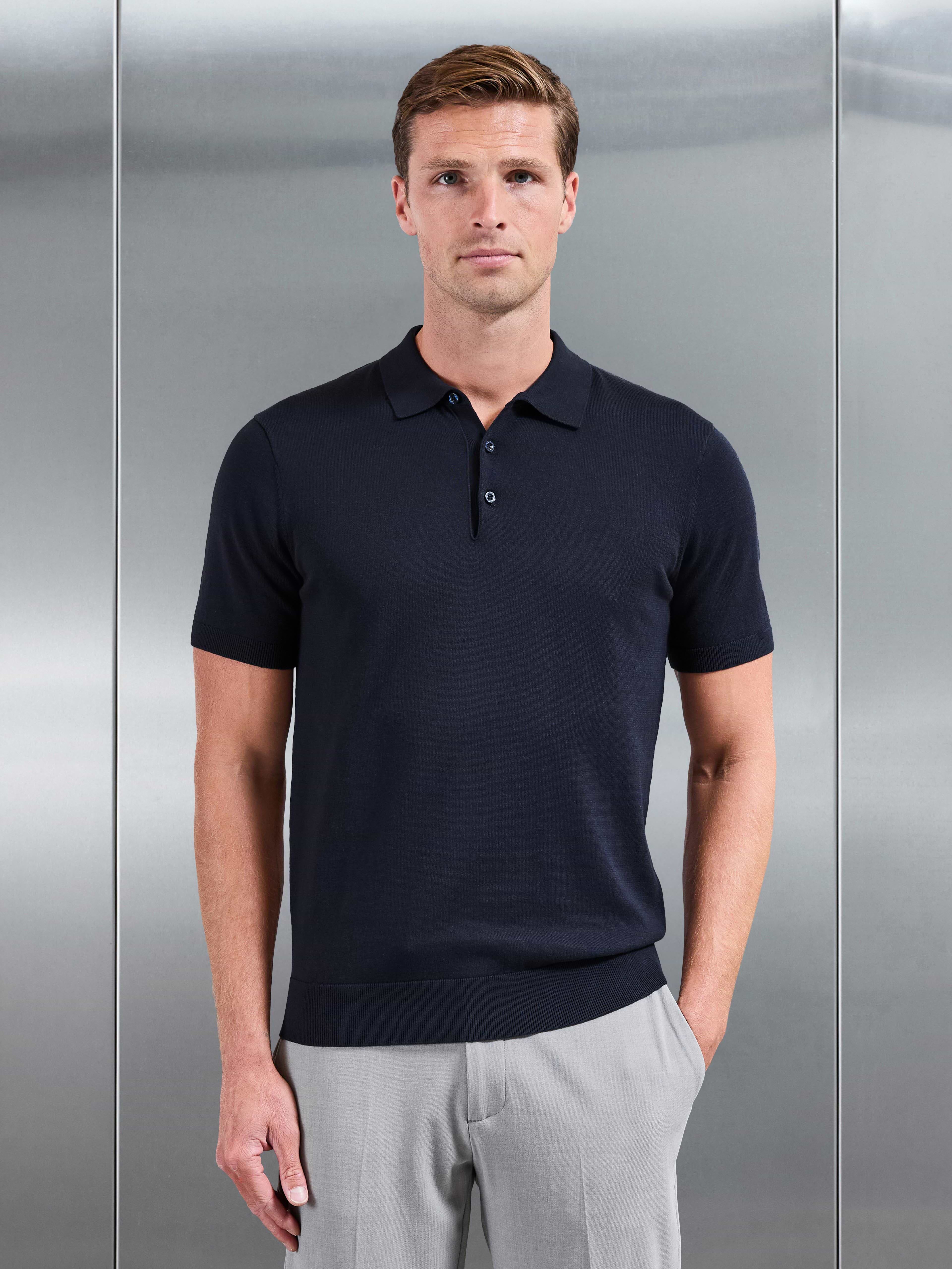 Cotton Knitted Button Polo Shirt in Navy