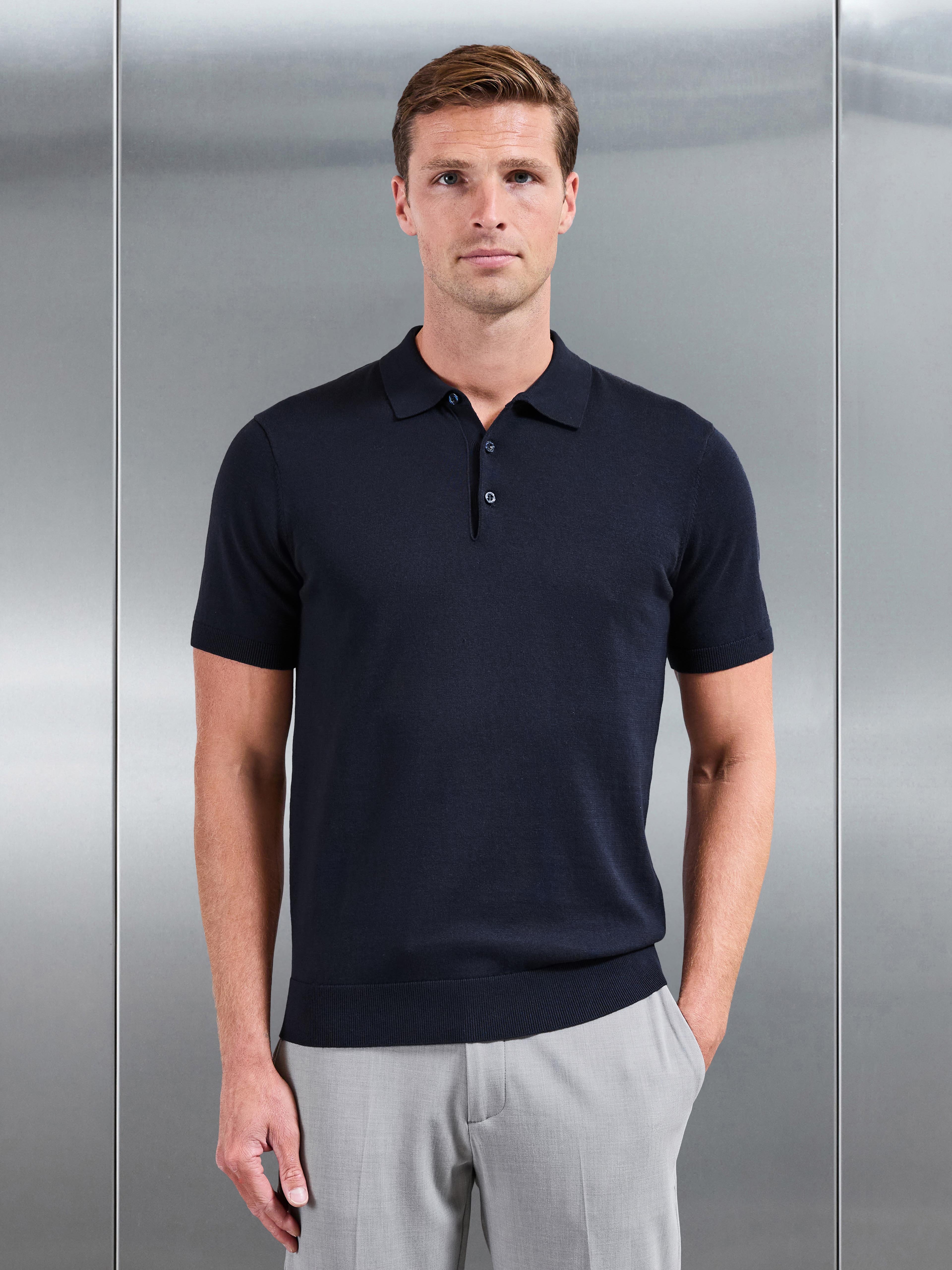 Cotton Knitted Button Polo Shirt in Navy