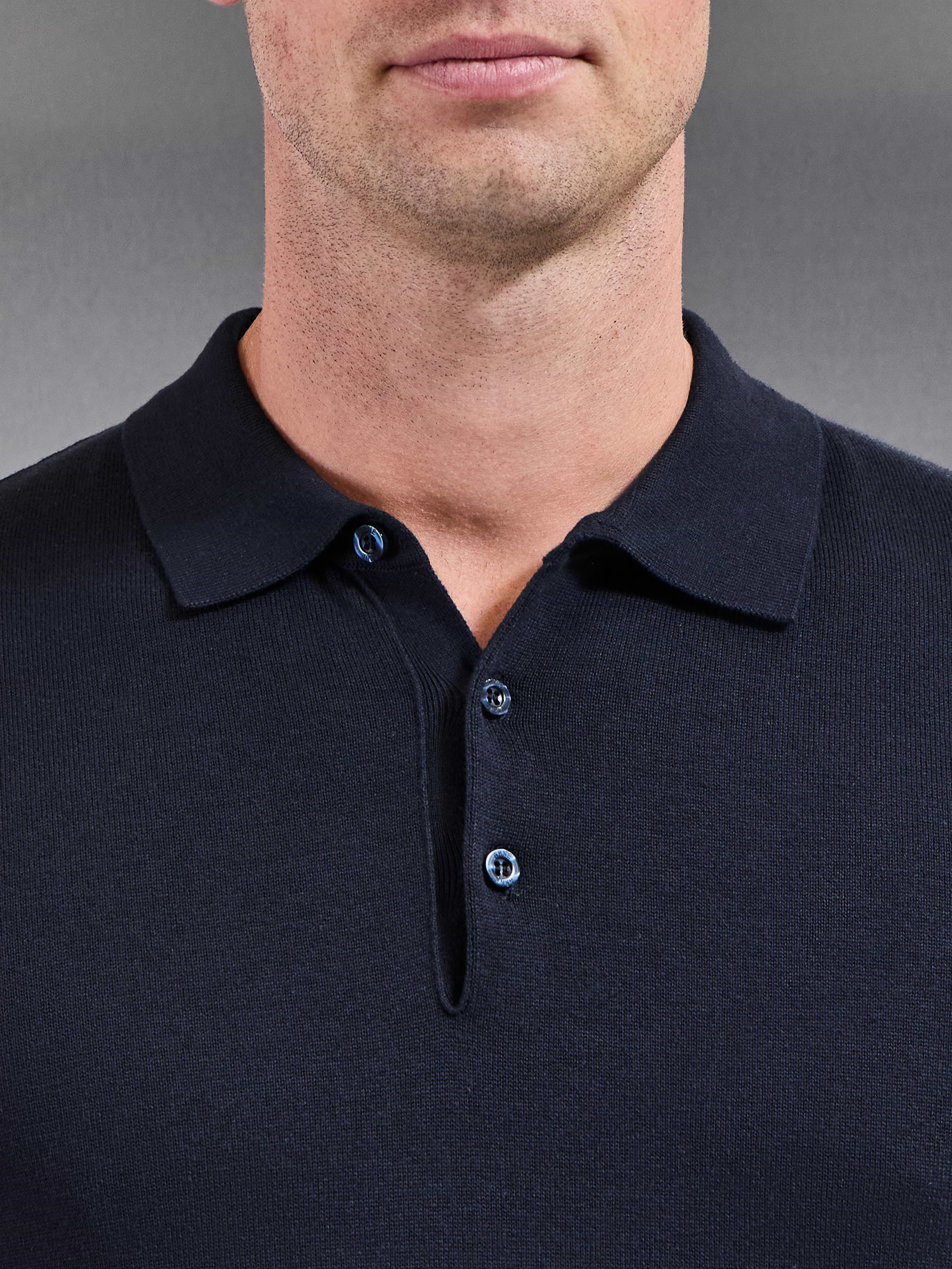 Cotton Knitted Button Polo Shirt in Navy