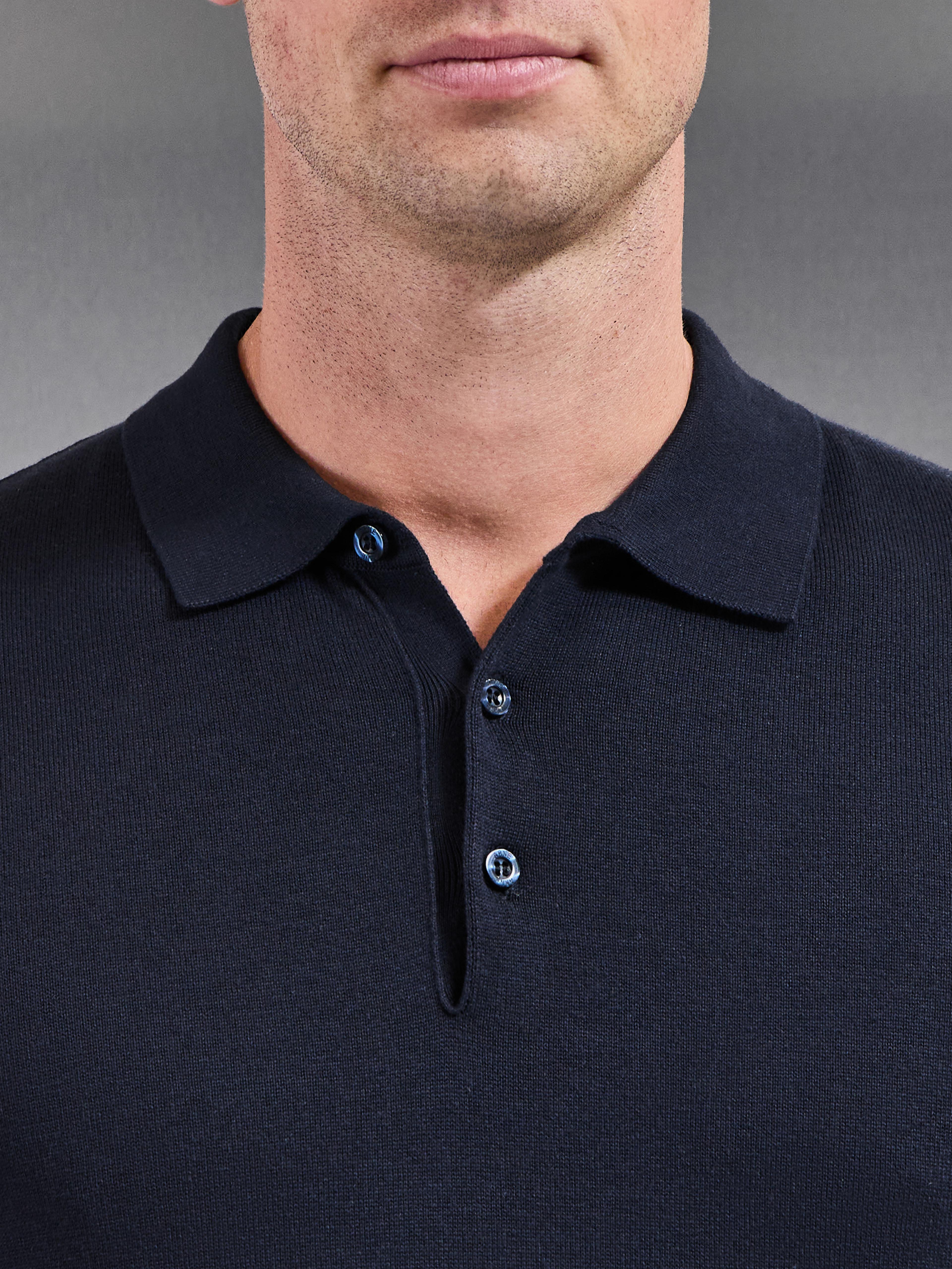 Cotton Knitted Button Polo Shirt in Navy