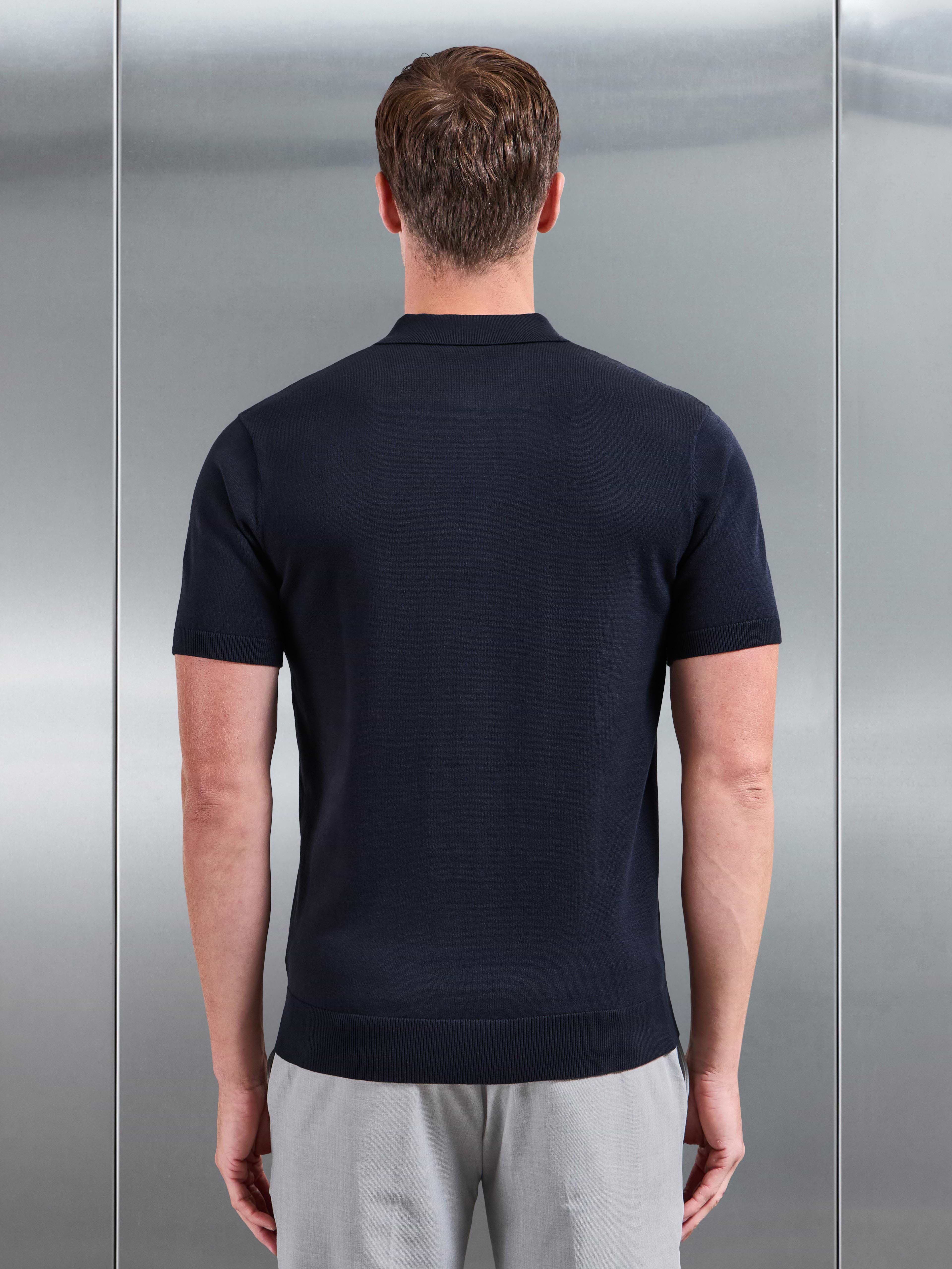 Cotton Knitted Button Polo Shirt in Navy