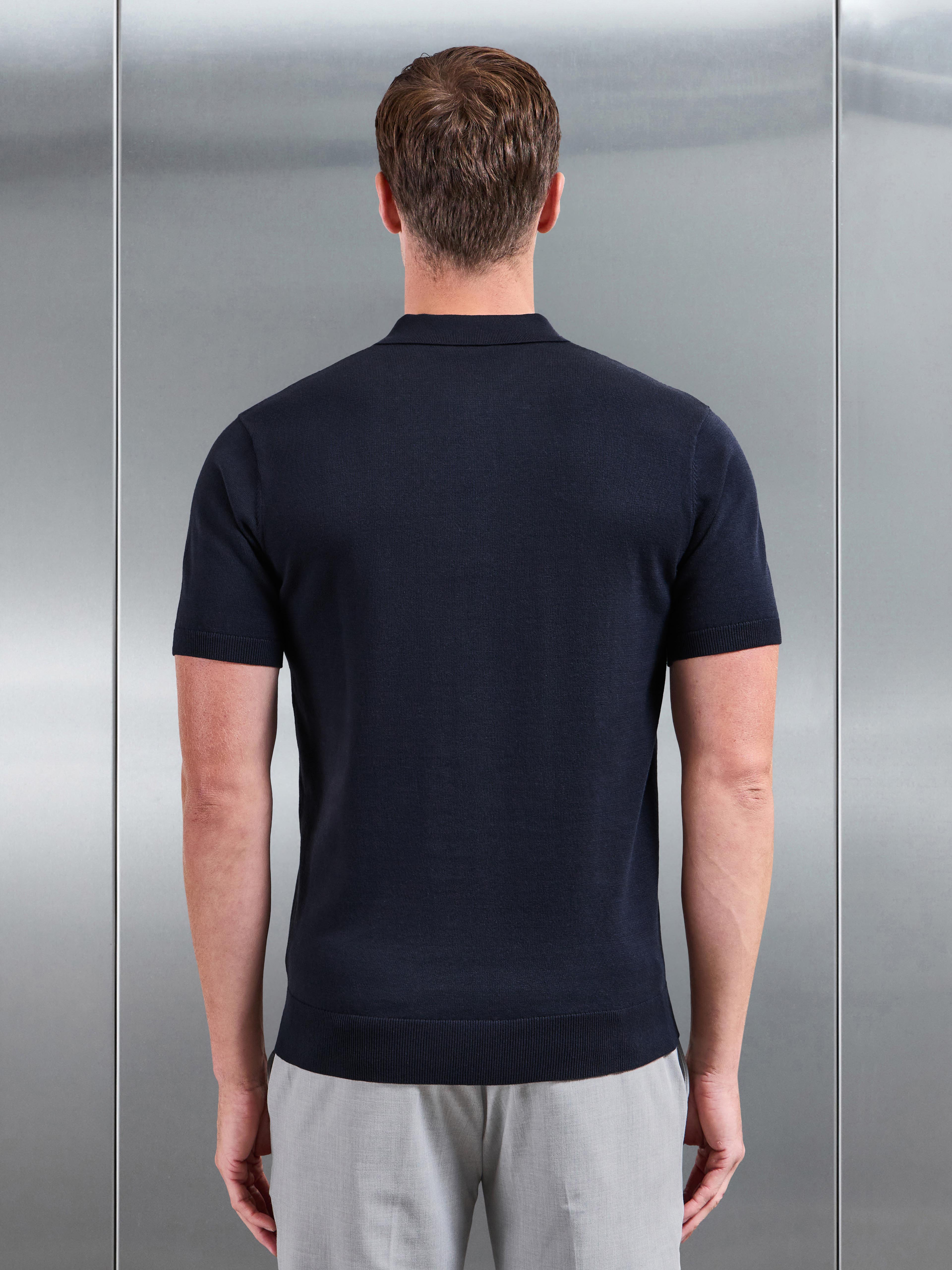 Cotton Knitted Button Polo Shirt in Navy