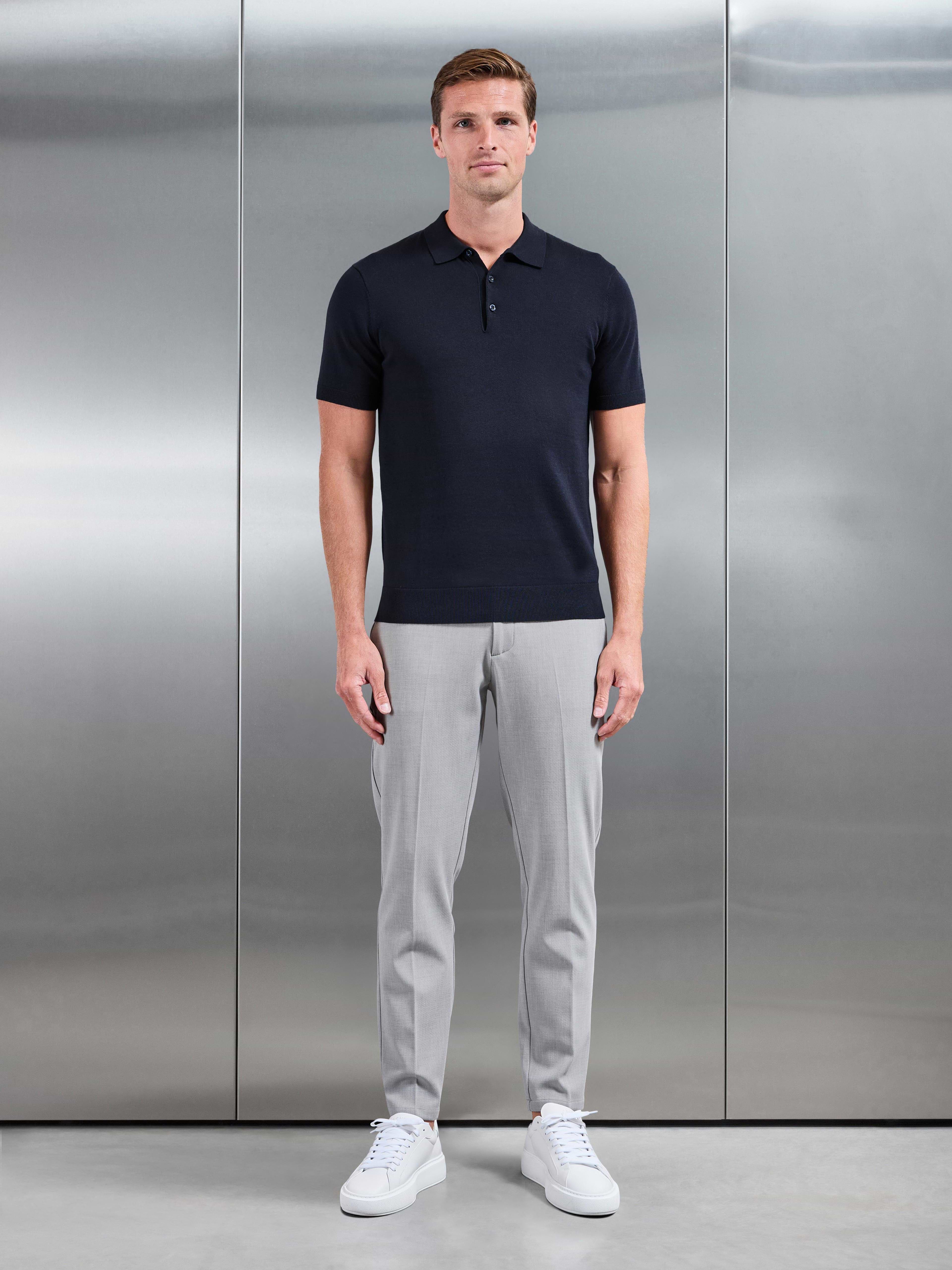 Cotton Knitted Button Polo Shirt in Navy