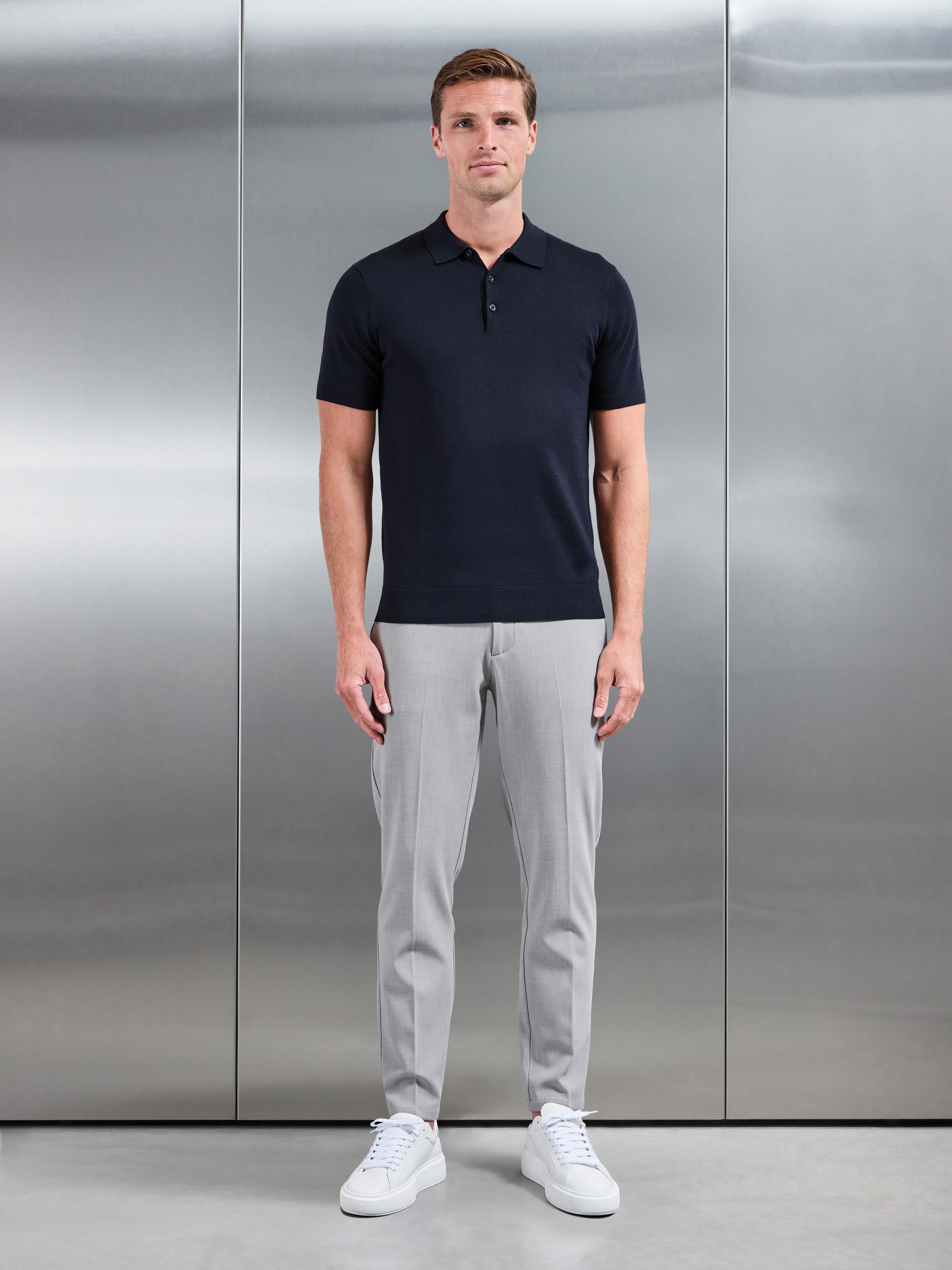 Cotton Knitted Button Polo Shirt in Navy