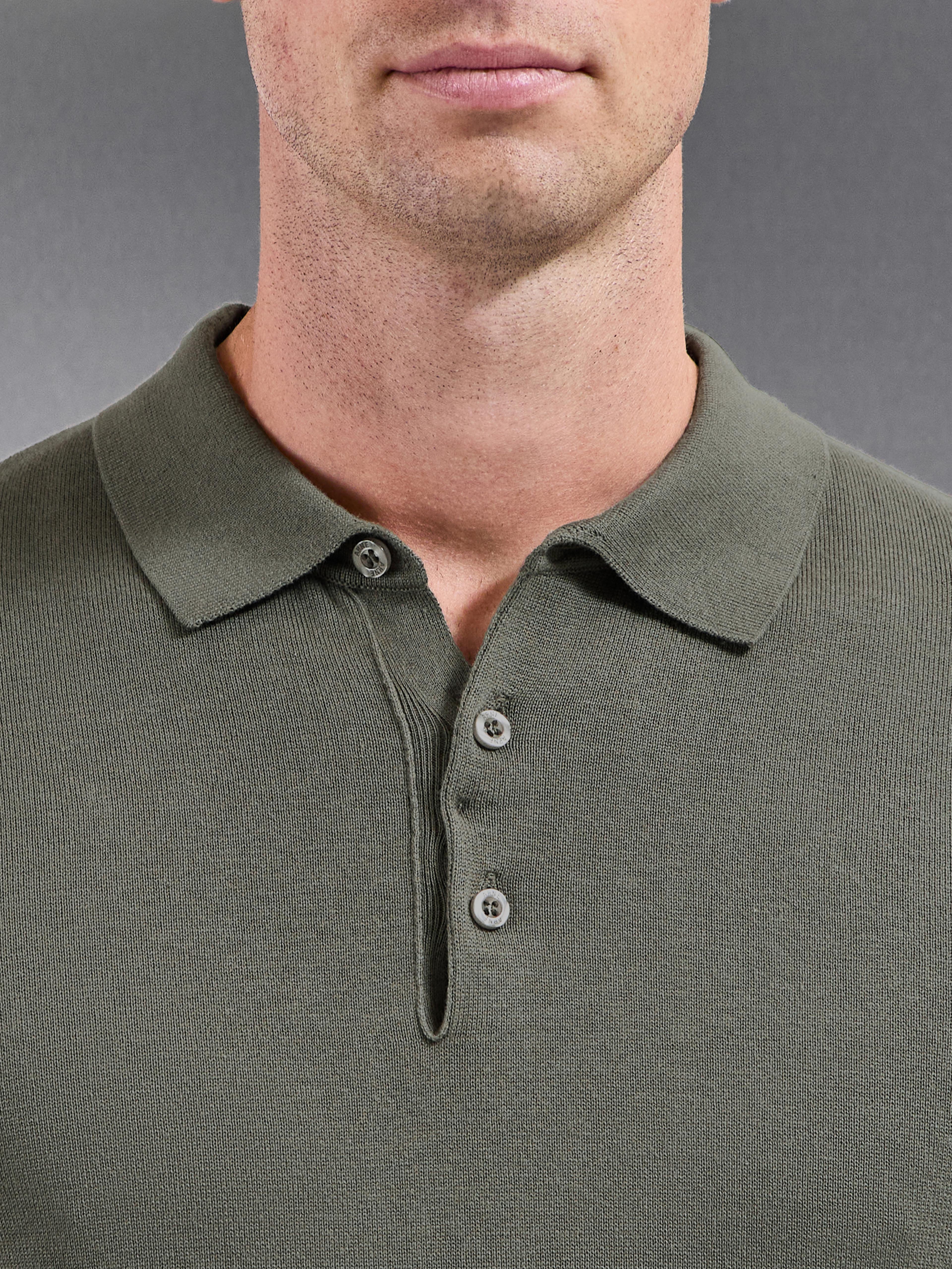 Cotton Knitted Button Polo Shirt in Sage