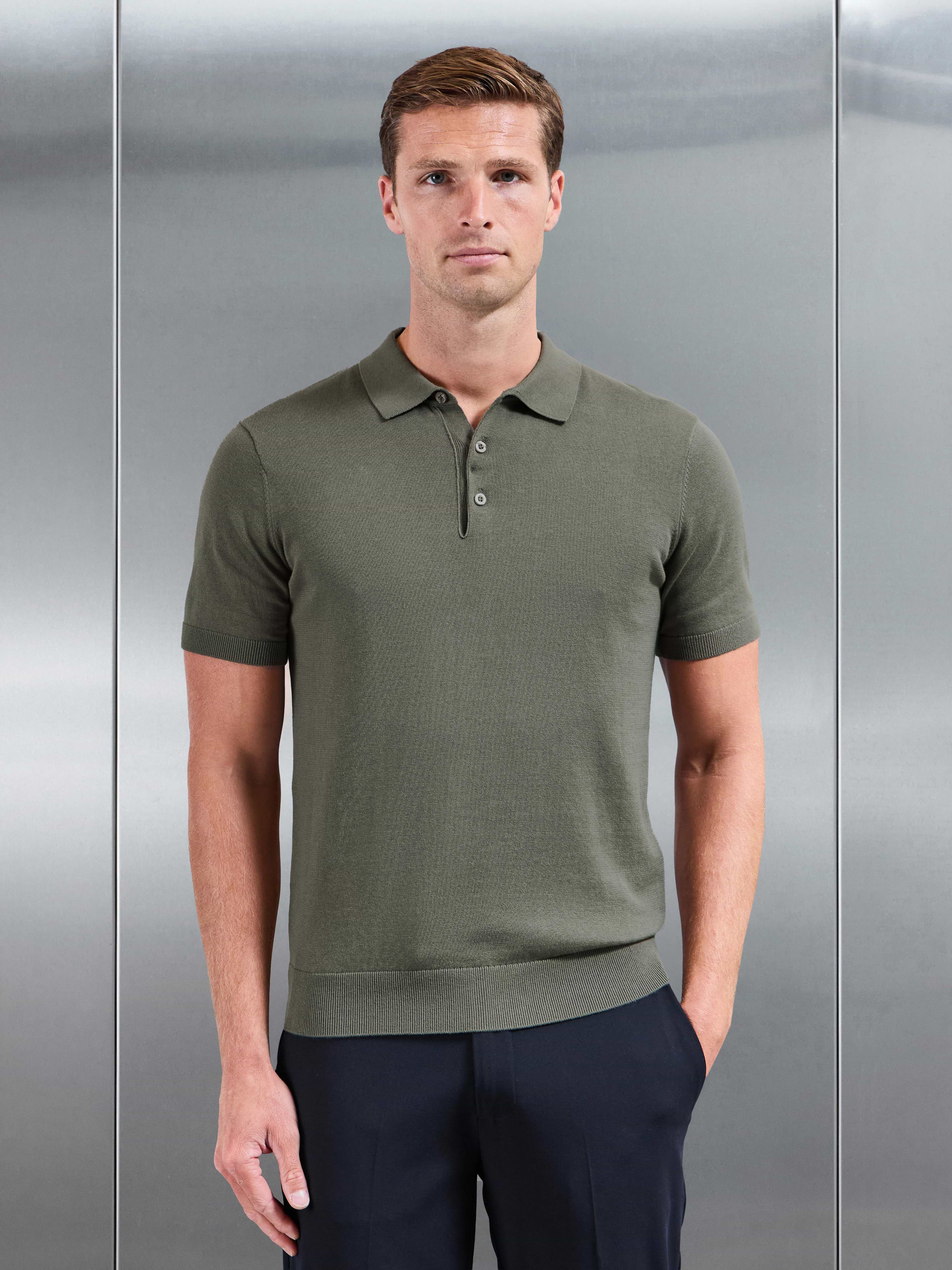 Cotton Knitted Button Polo Shirt in Sage
