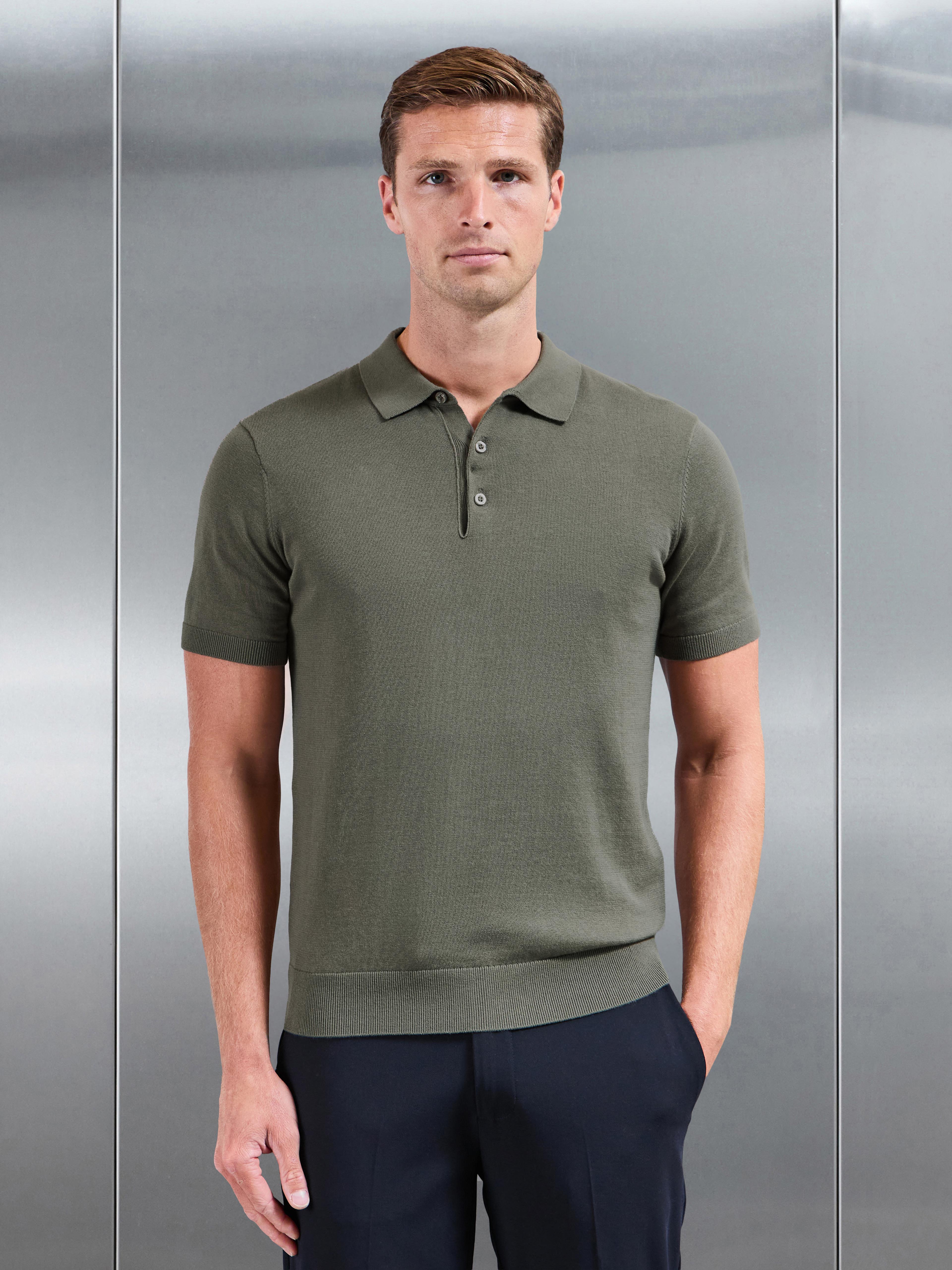 Cotton Knitted Button Polo Shirt in Sage