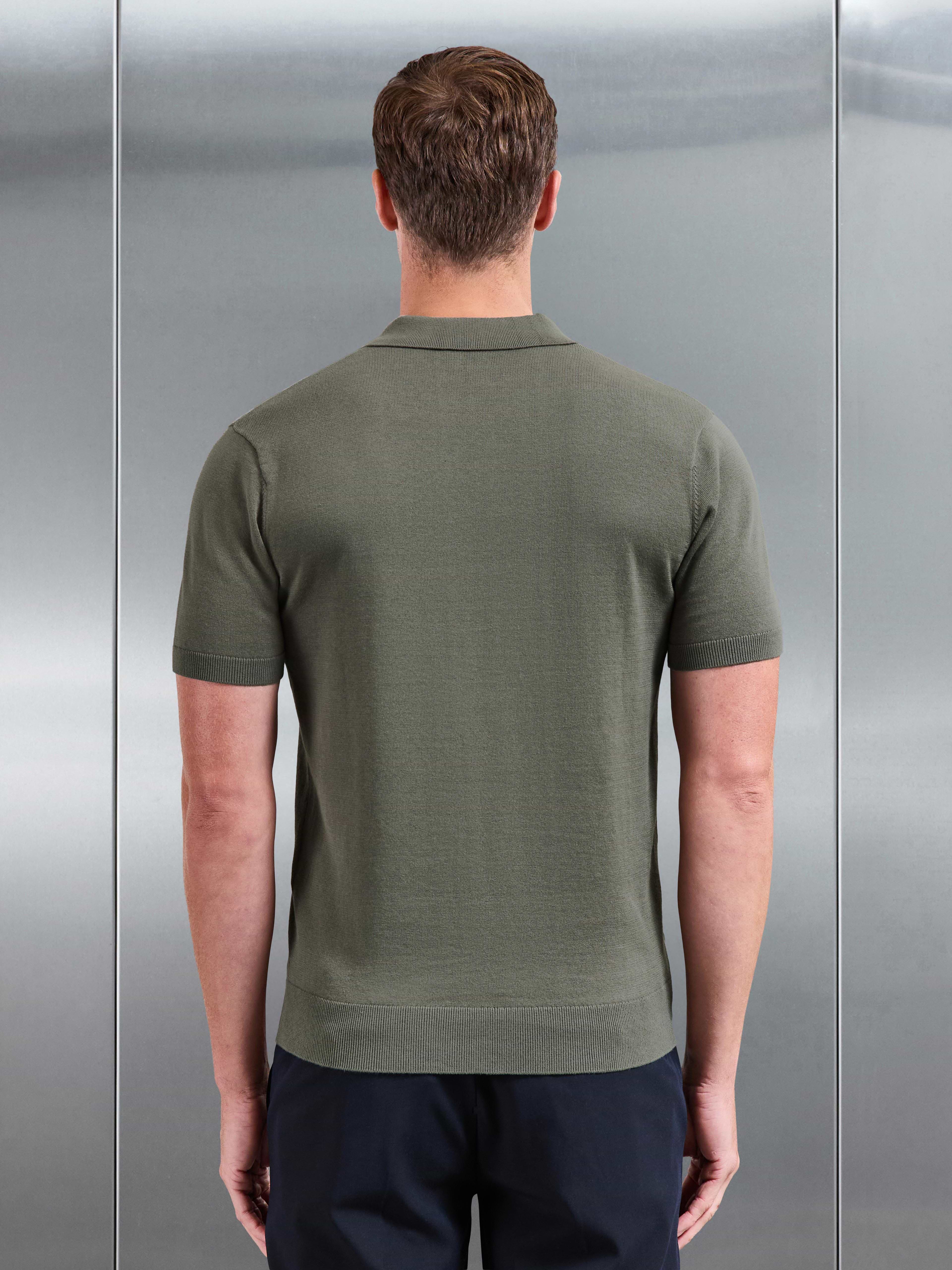 Cotton Knitted Button Polo Shirt in Sage