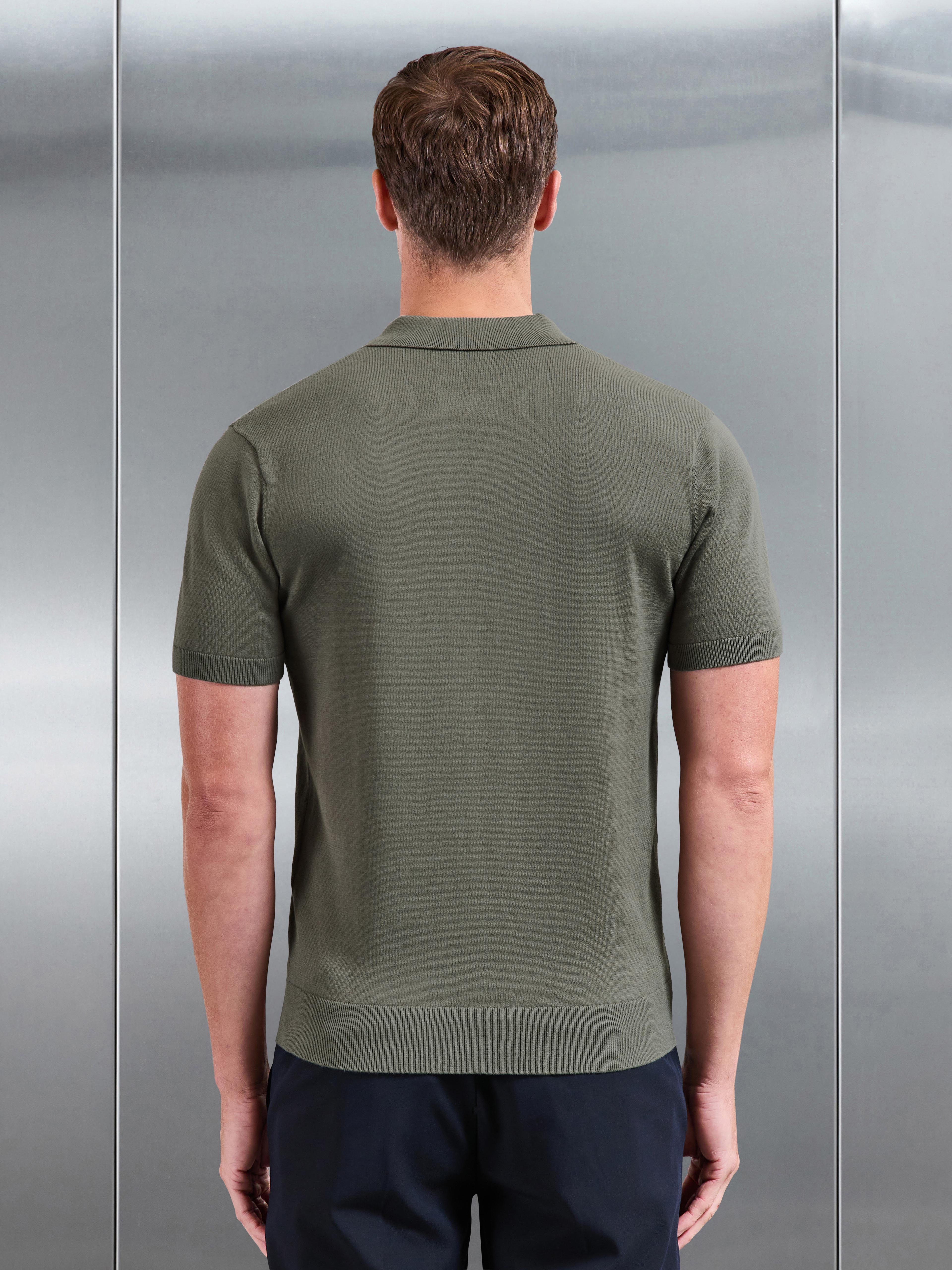 Cotton Knitted Button Polo Shirt in Sage