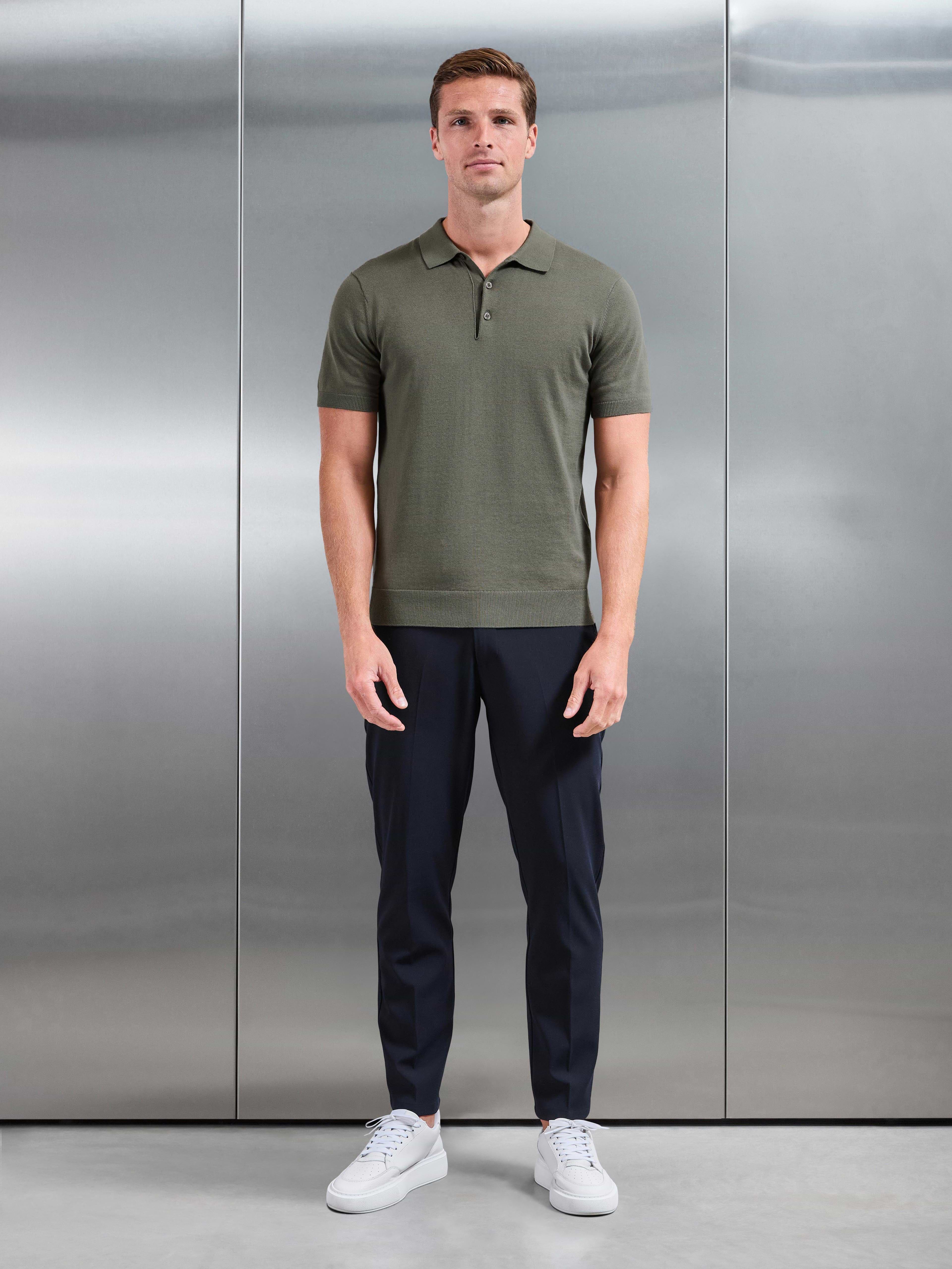 Cotton Knitted Button Polo Shirt in Sage