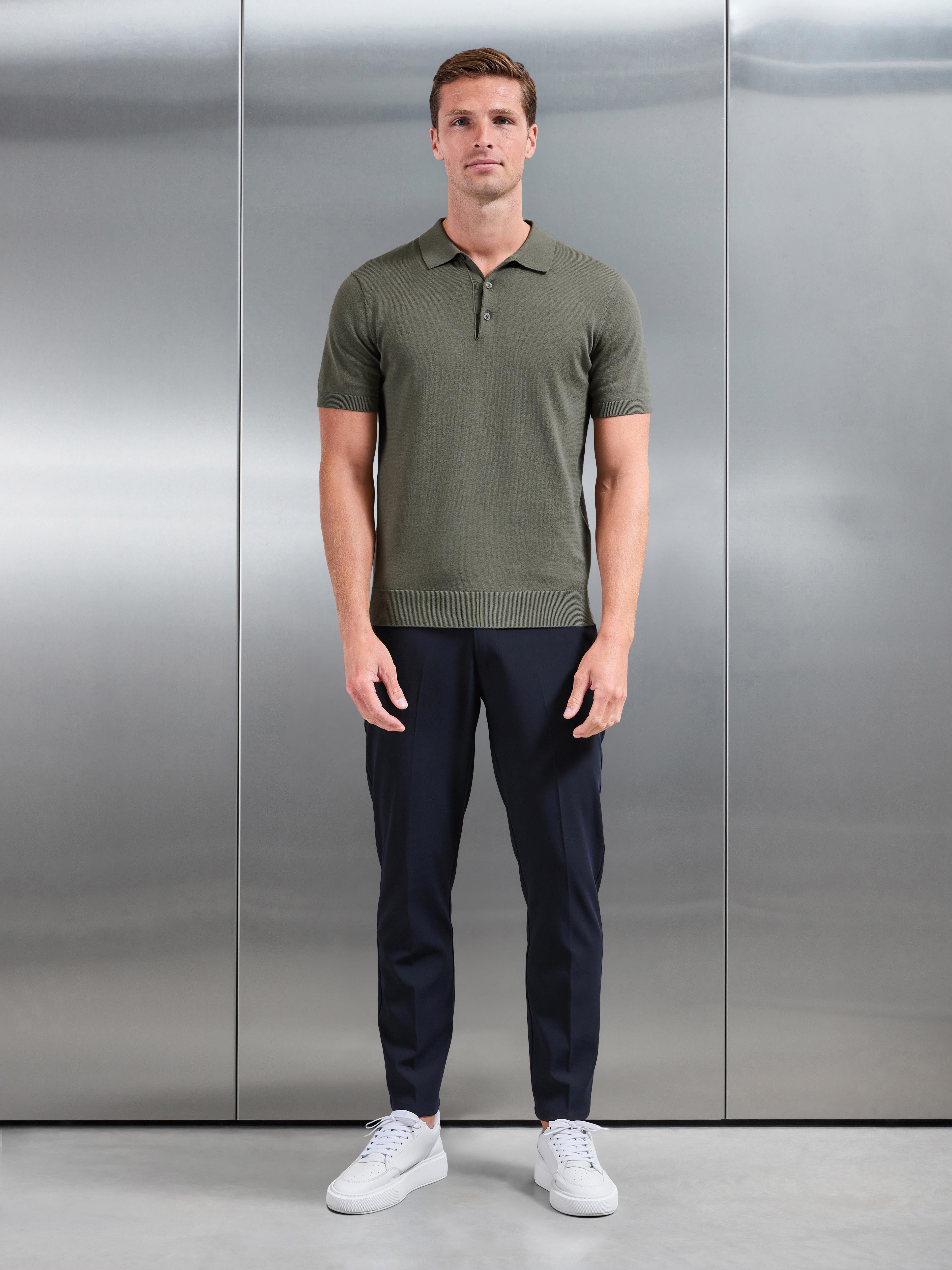 Cotton Knitted Button Polo Shirt in Sage