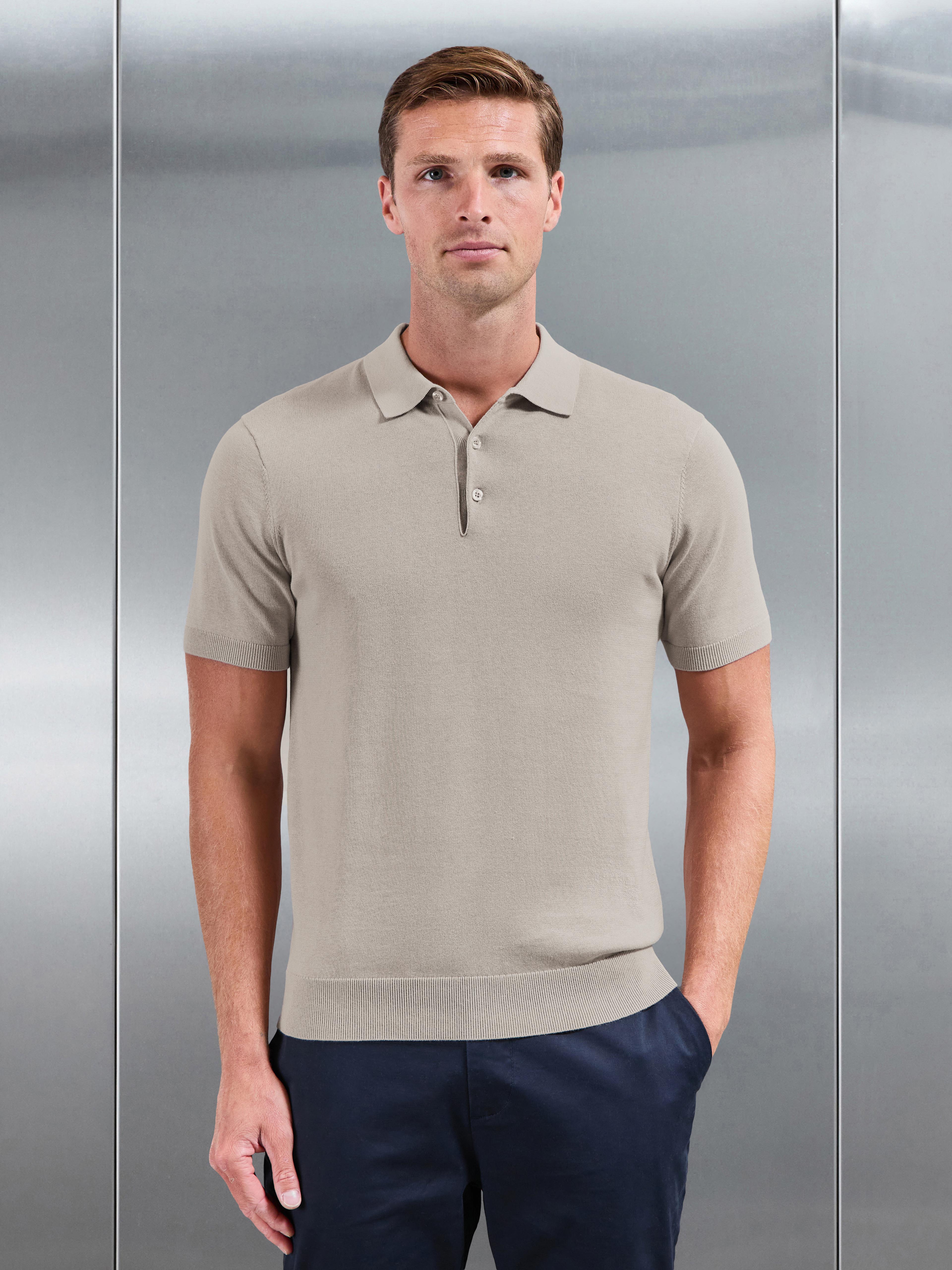 Cotton Knitted Button Polo Shirt in Stone