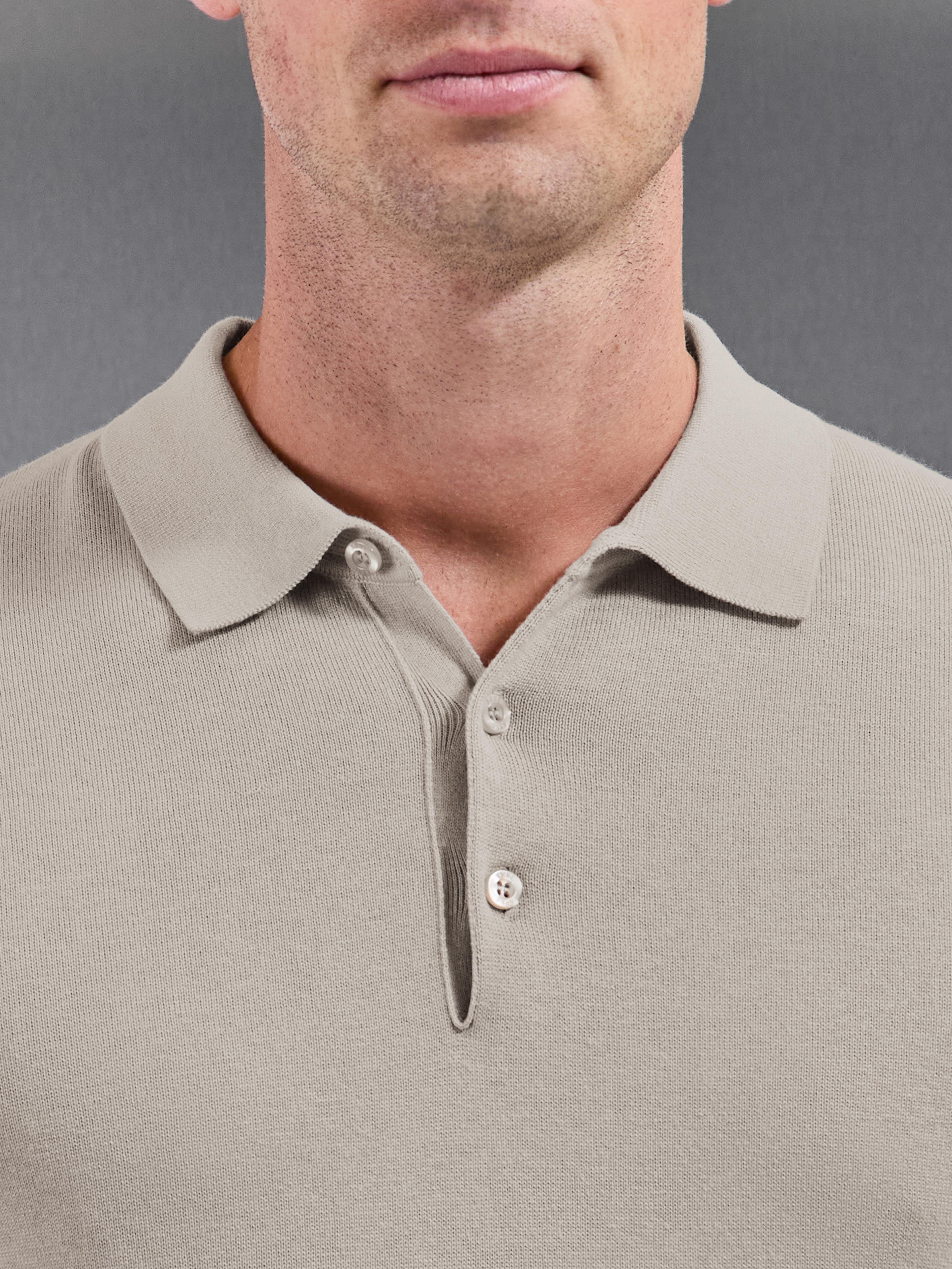 Cotton Knitted Button Polo Shirt in Stone