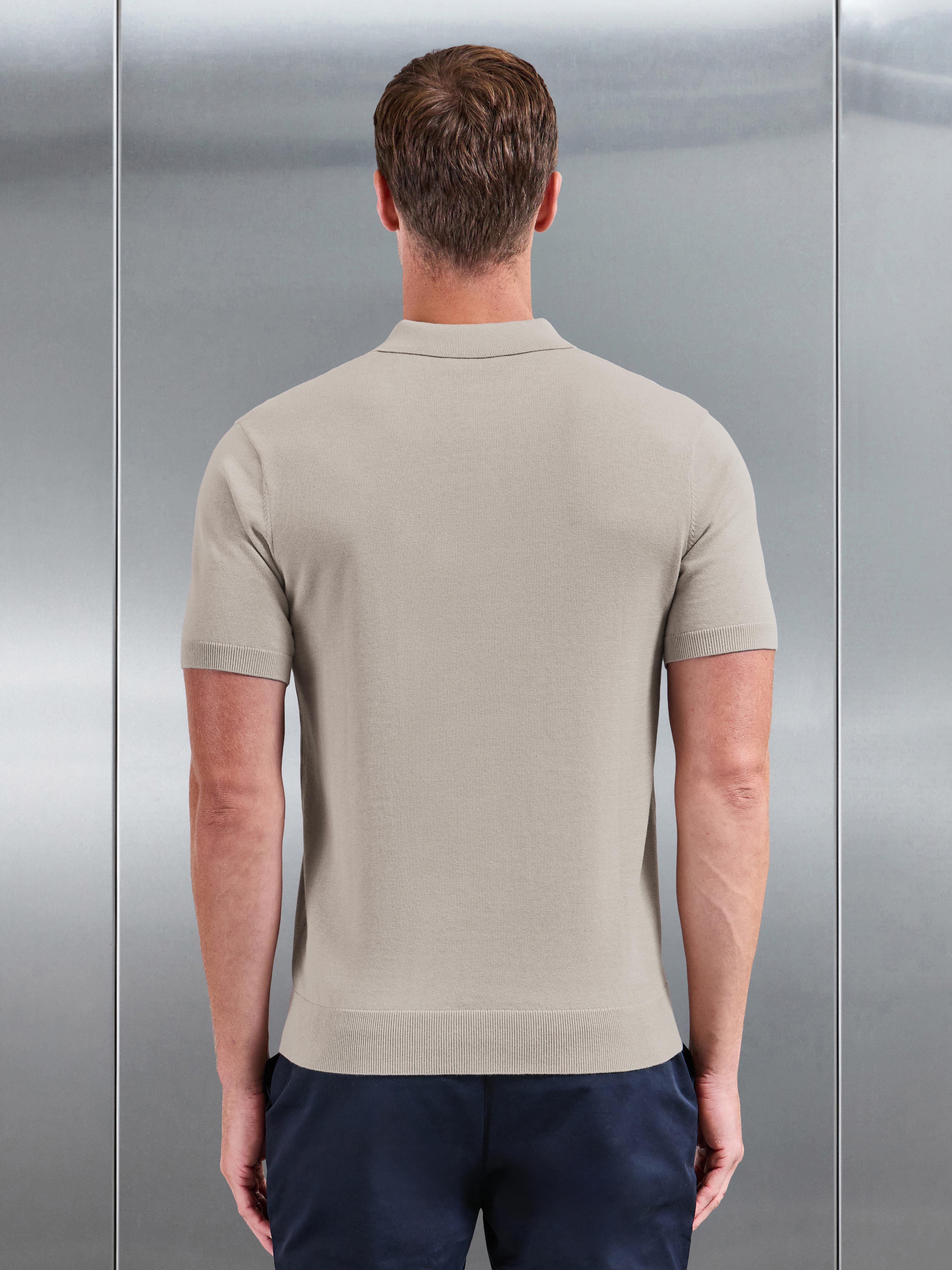Cotton Knitted Button Polo Shirt in Stone