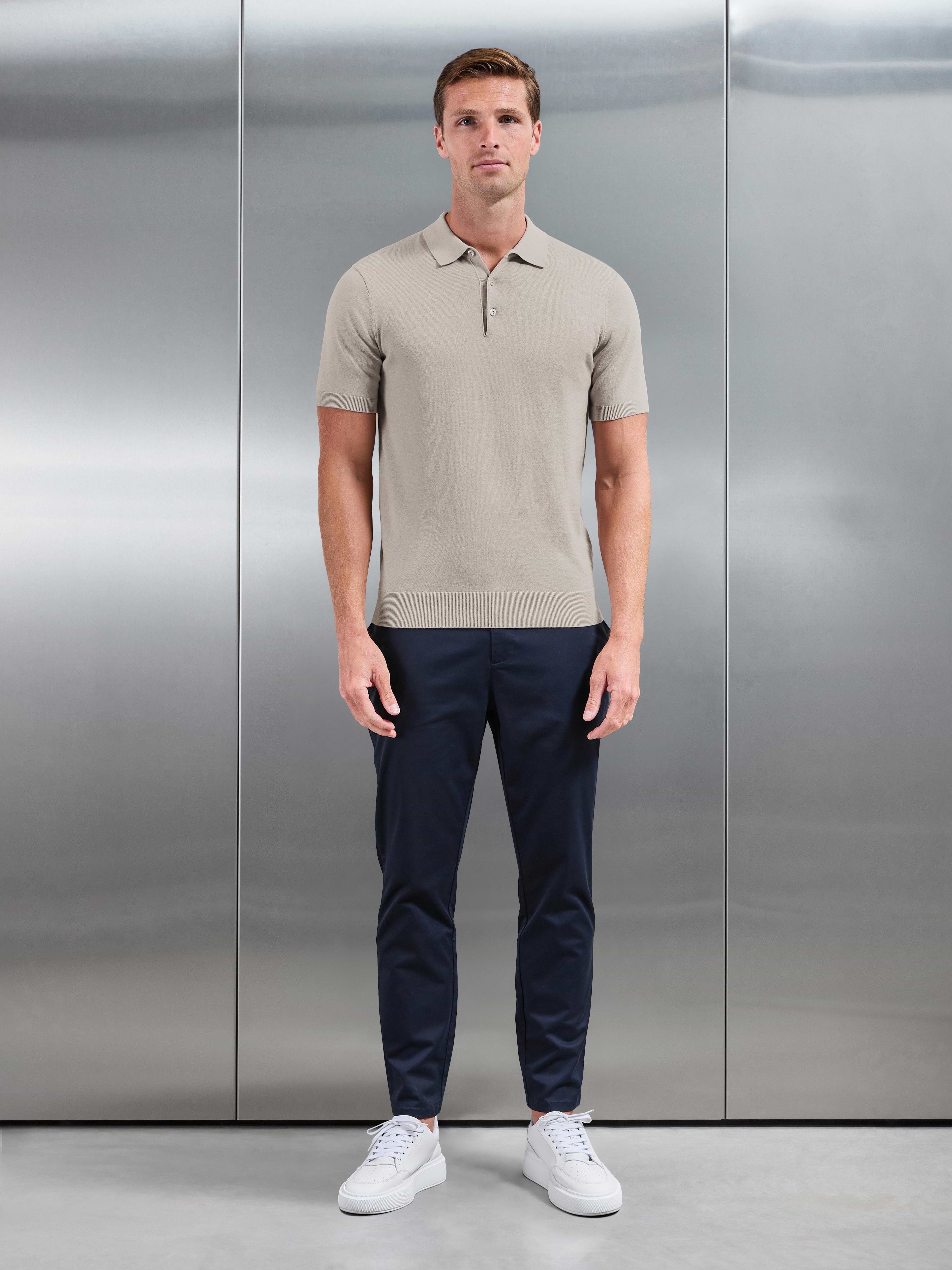 Cotton Knitted Button Polo Shirt in Stone