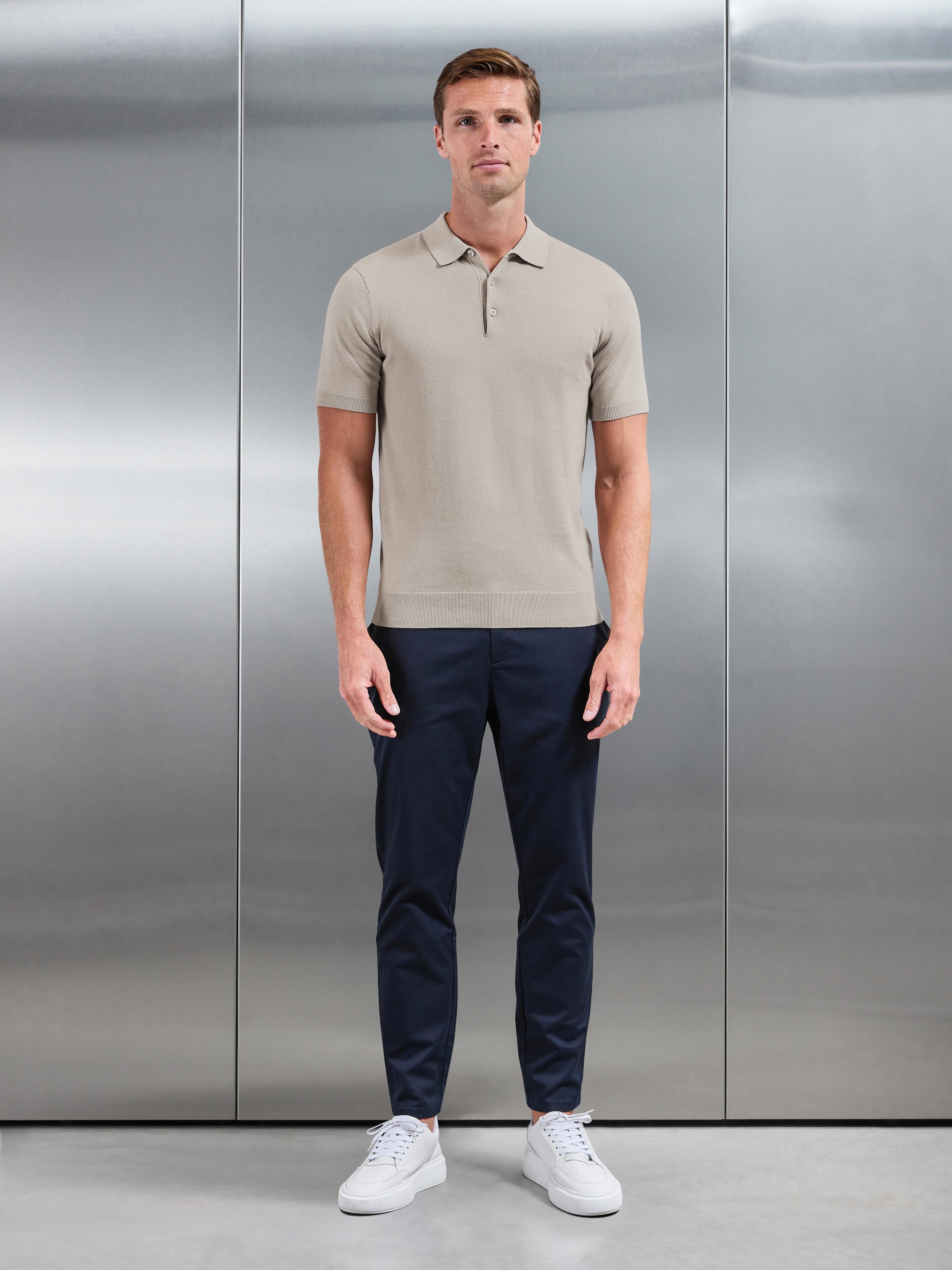Cotton Knitted Button Polo Shirt in Stone