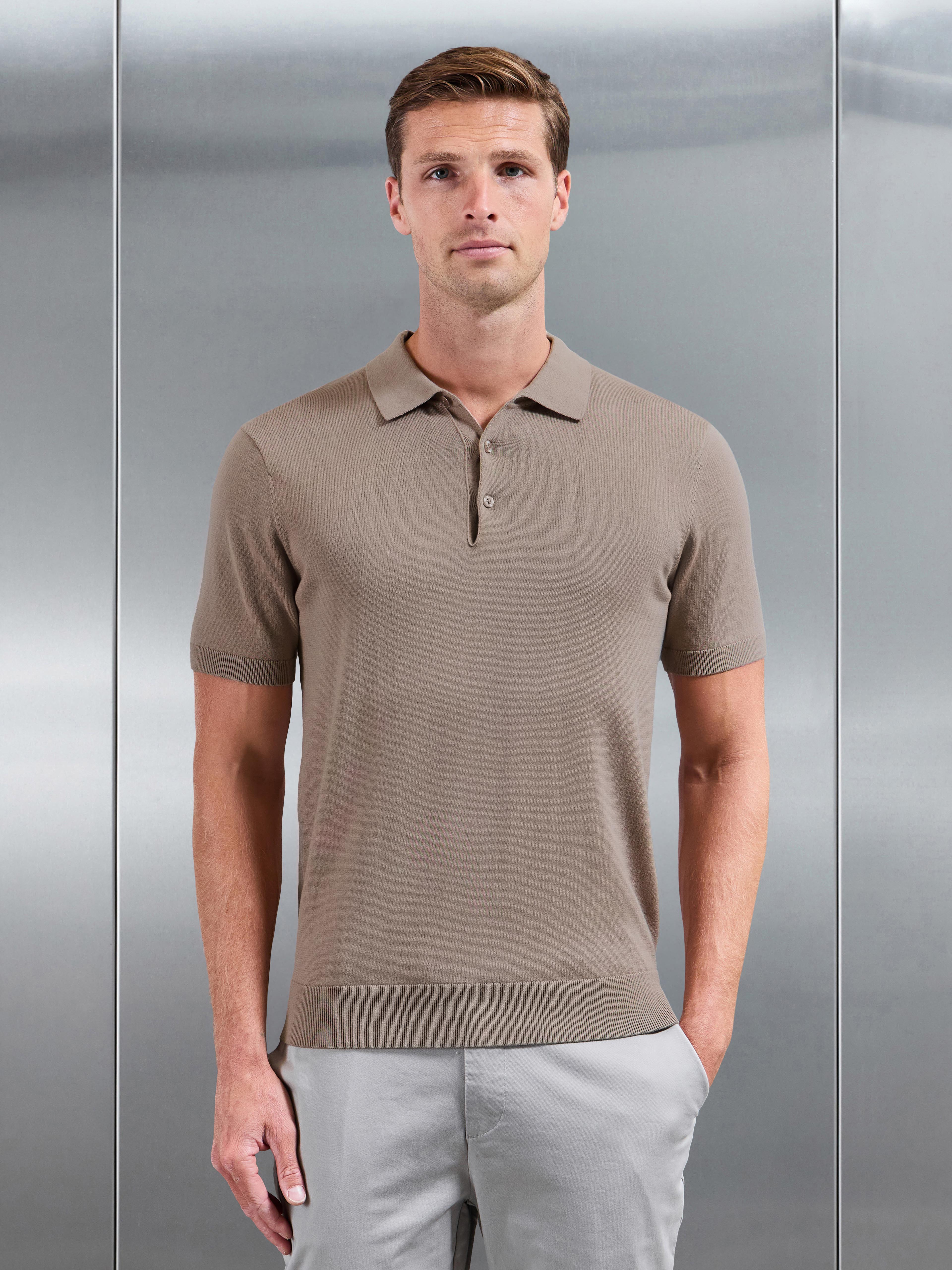 Cotton Knitted Button Polo Shirt in Taupe