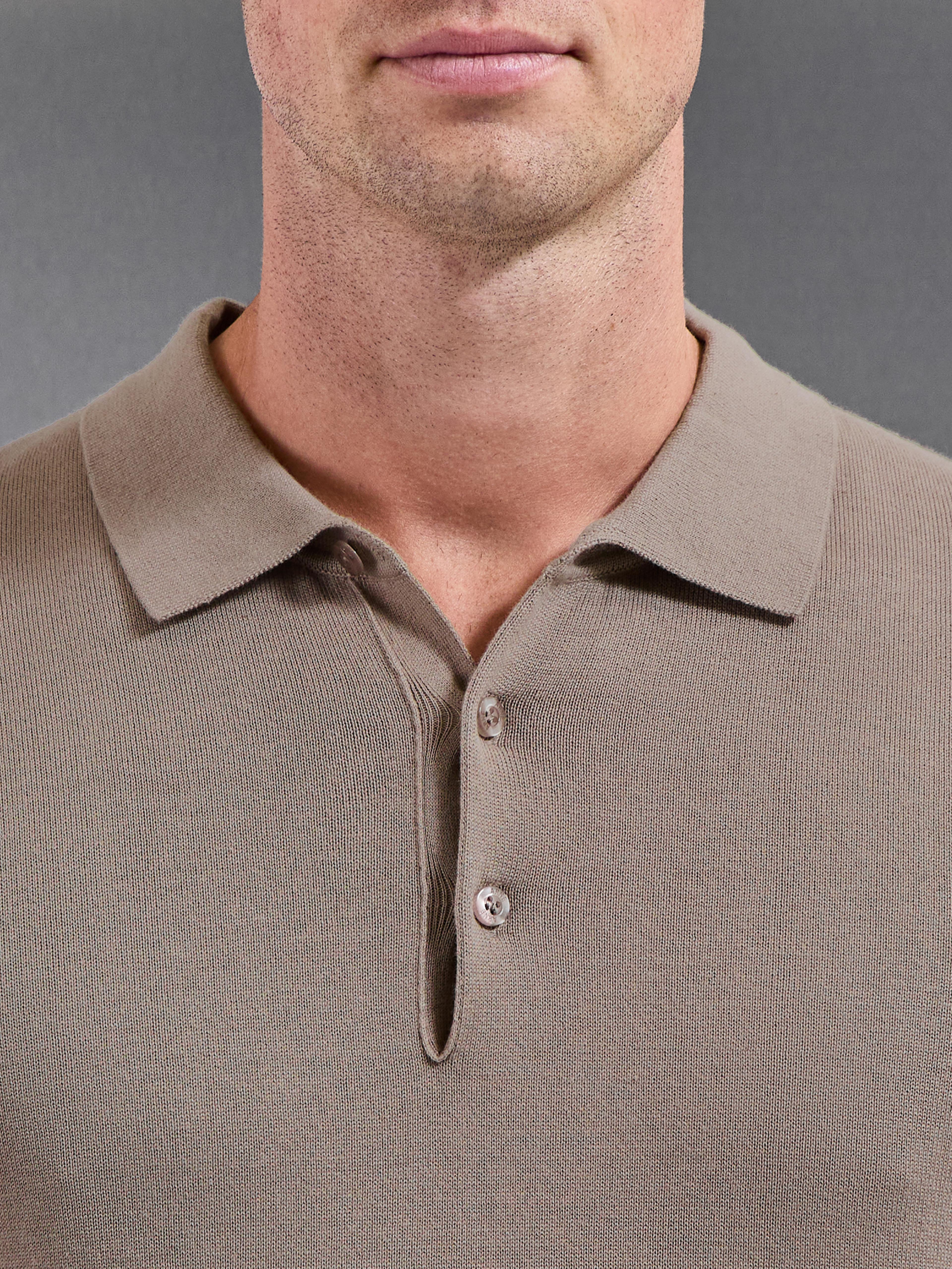 Cotton Knitted Button Polo Shirt in Taupe
