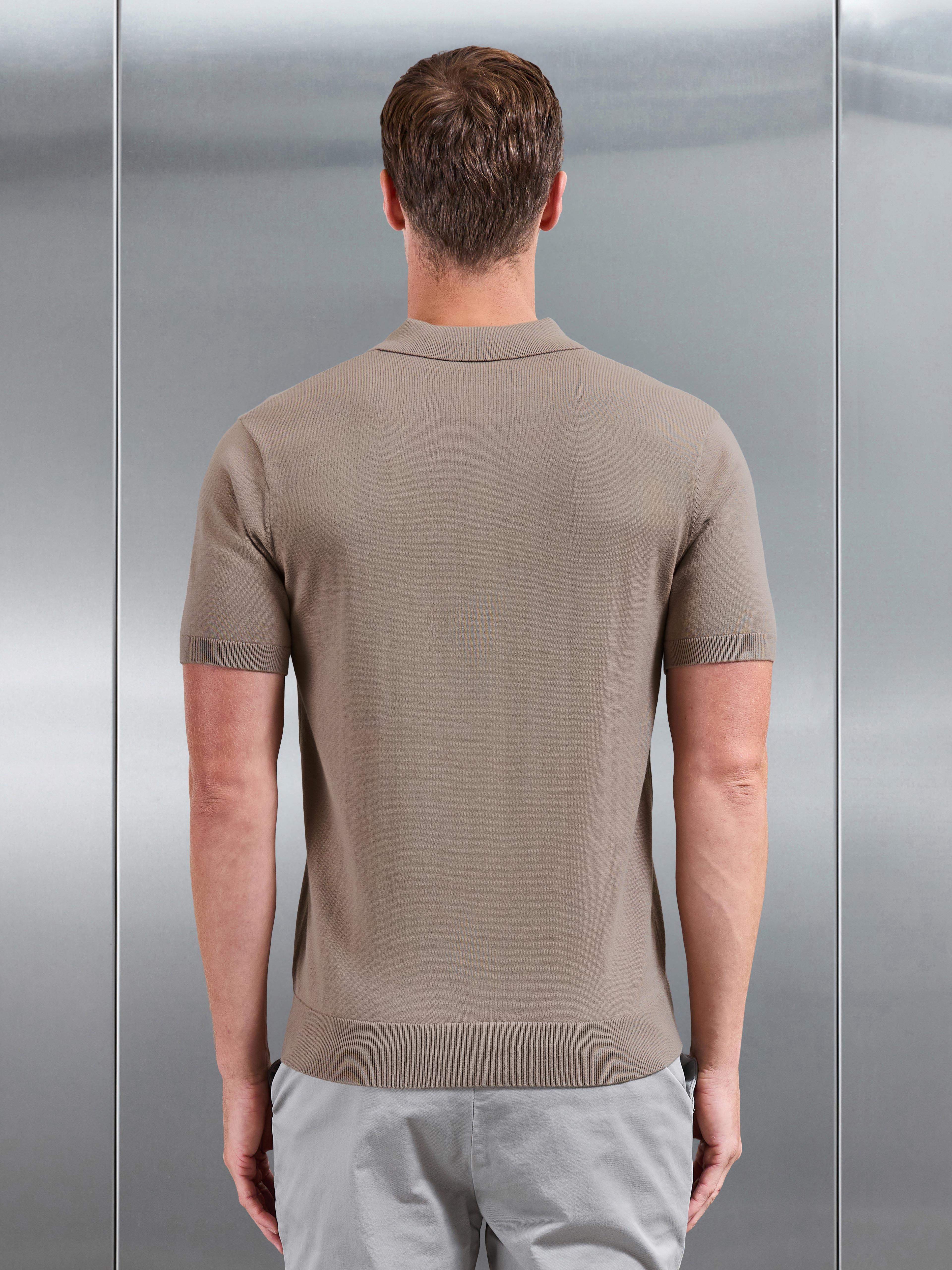 Cotton Knitted Button Polo Shirt in Taupe