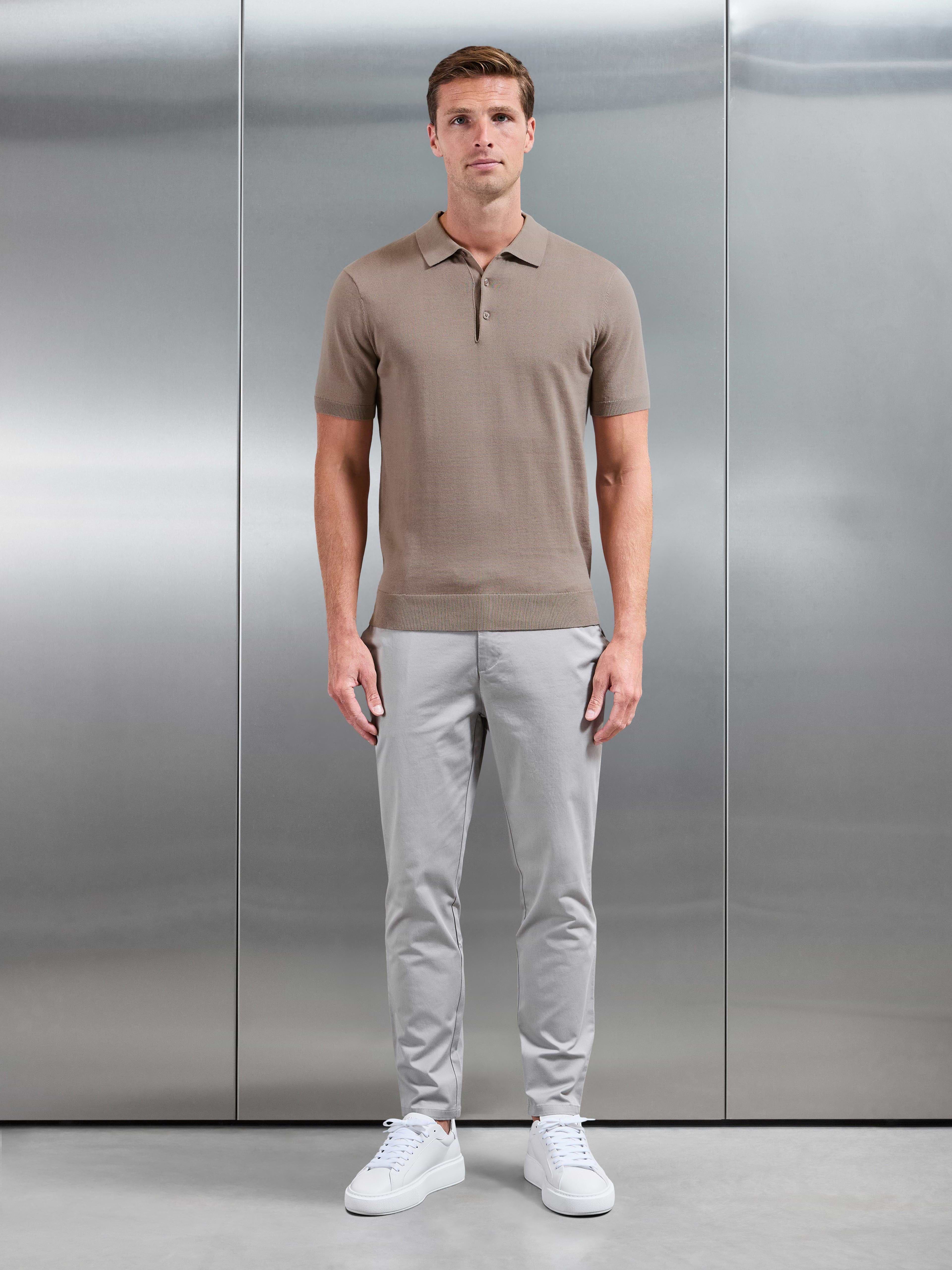 Cotton Knitted Button Polo Shirt in Taupe
