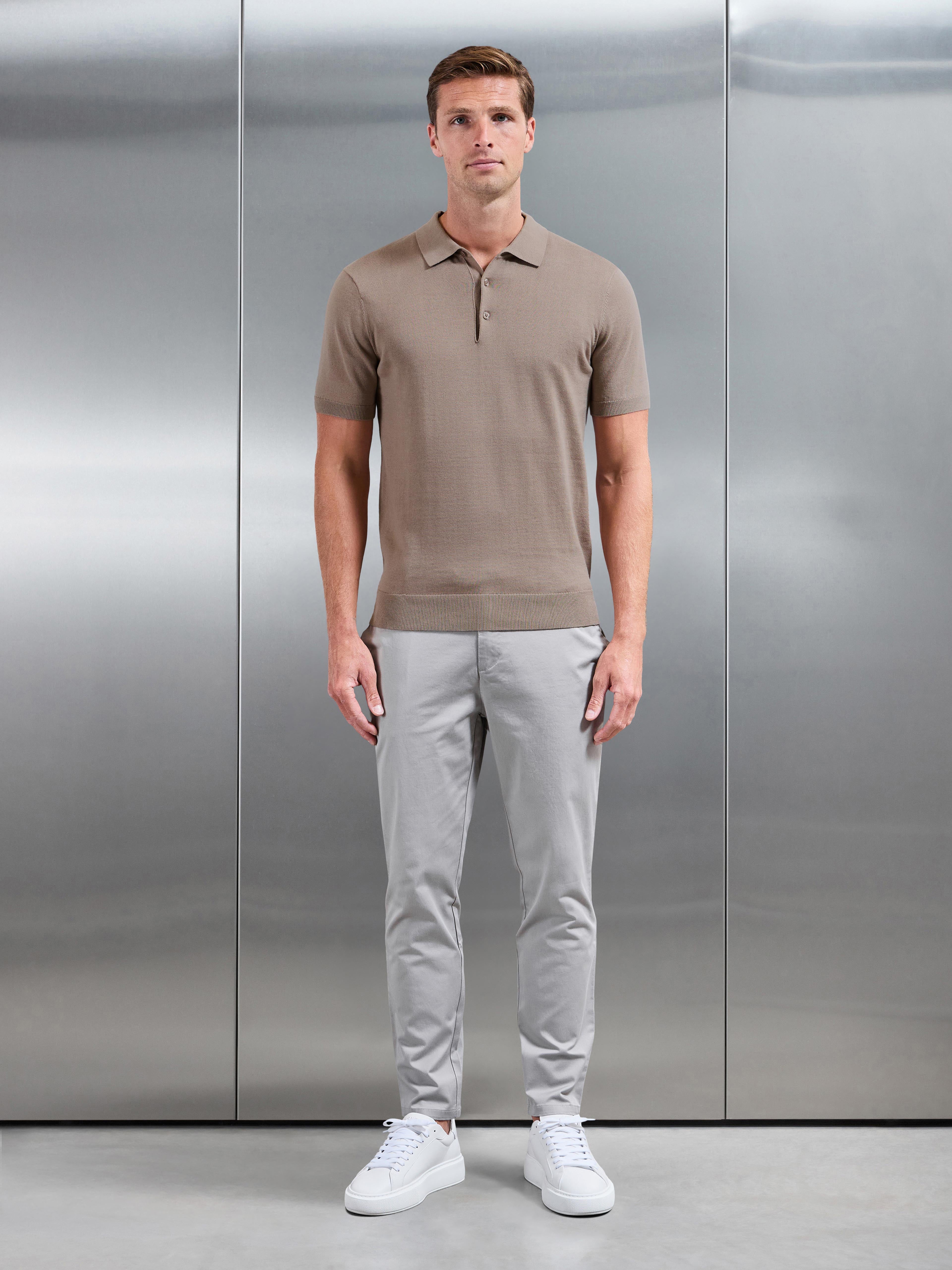 Cotton Knitted Button Polo Shirt in Taupe