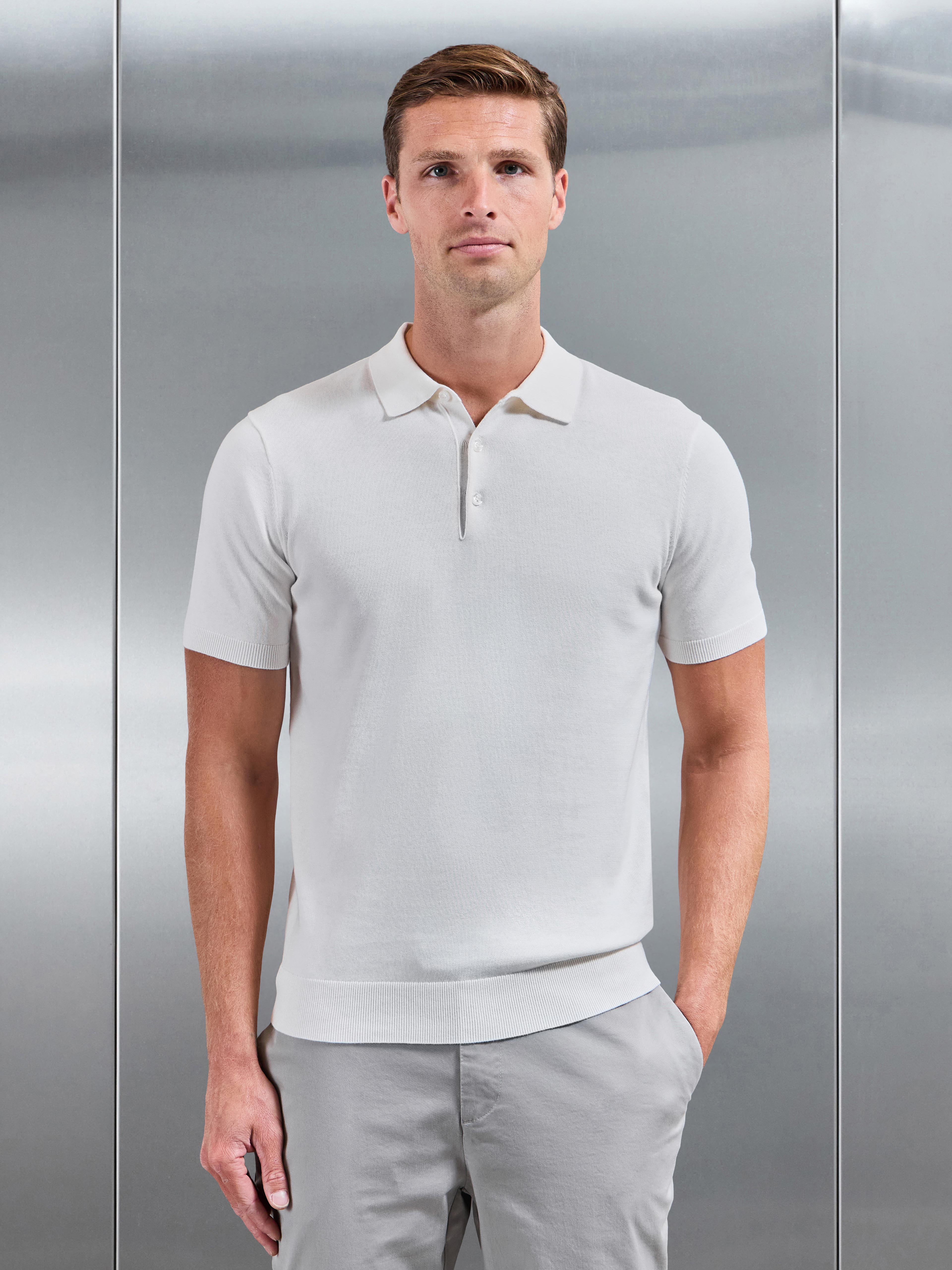 Cotton Knitted Button Polo Shirt in White
