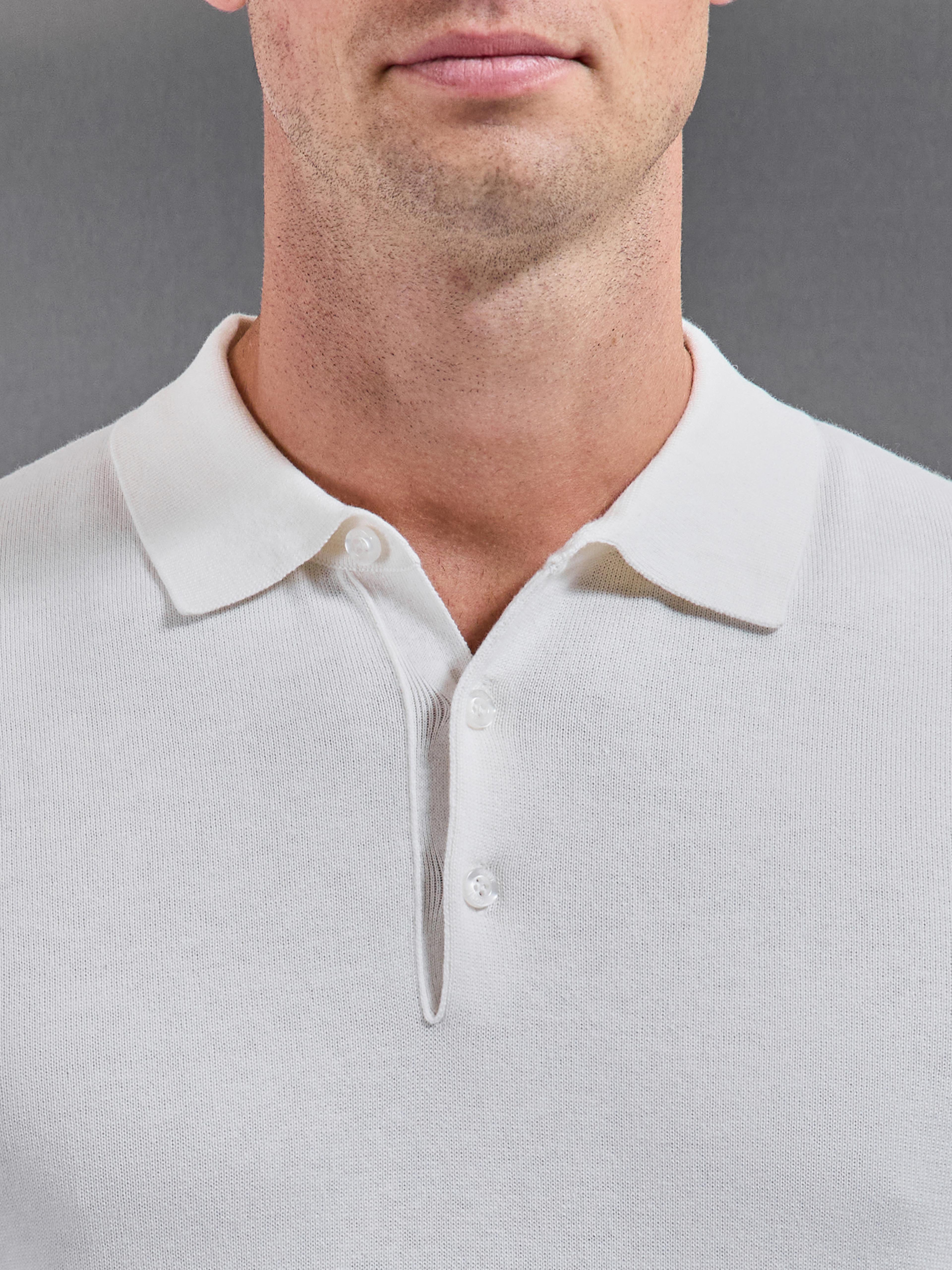 Cotton Knitted Button Polo Shirt in White