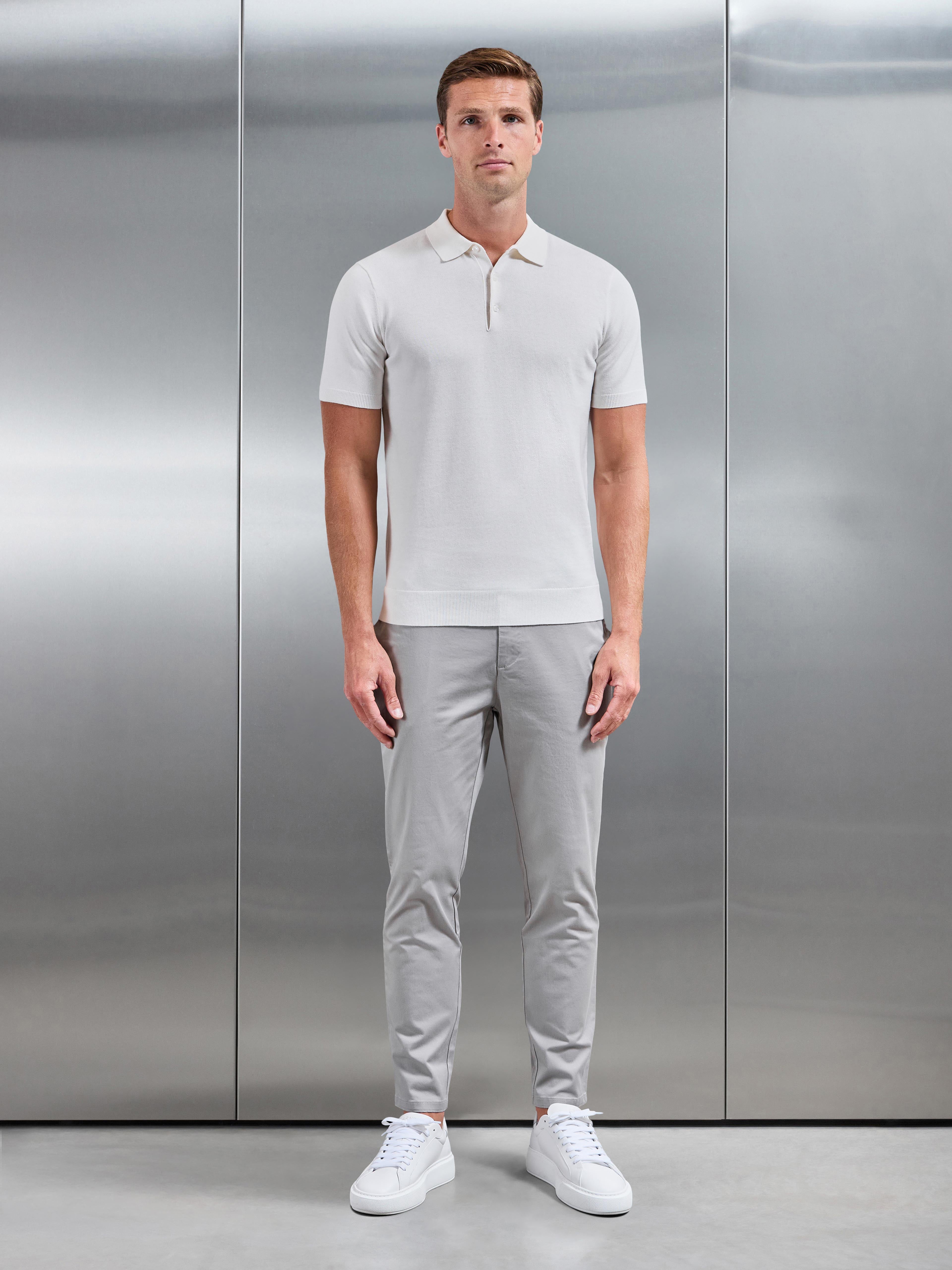 Cotton Knitted Button Polo Shirt in White