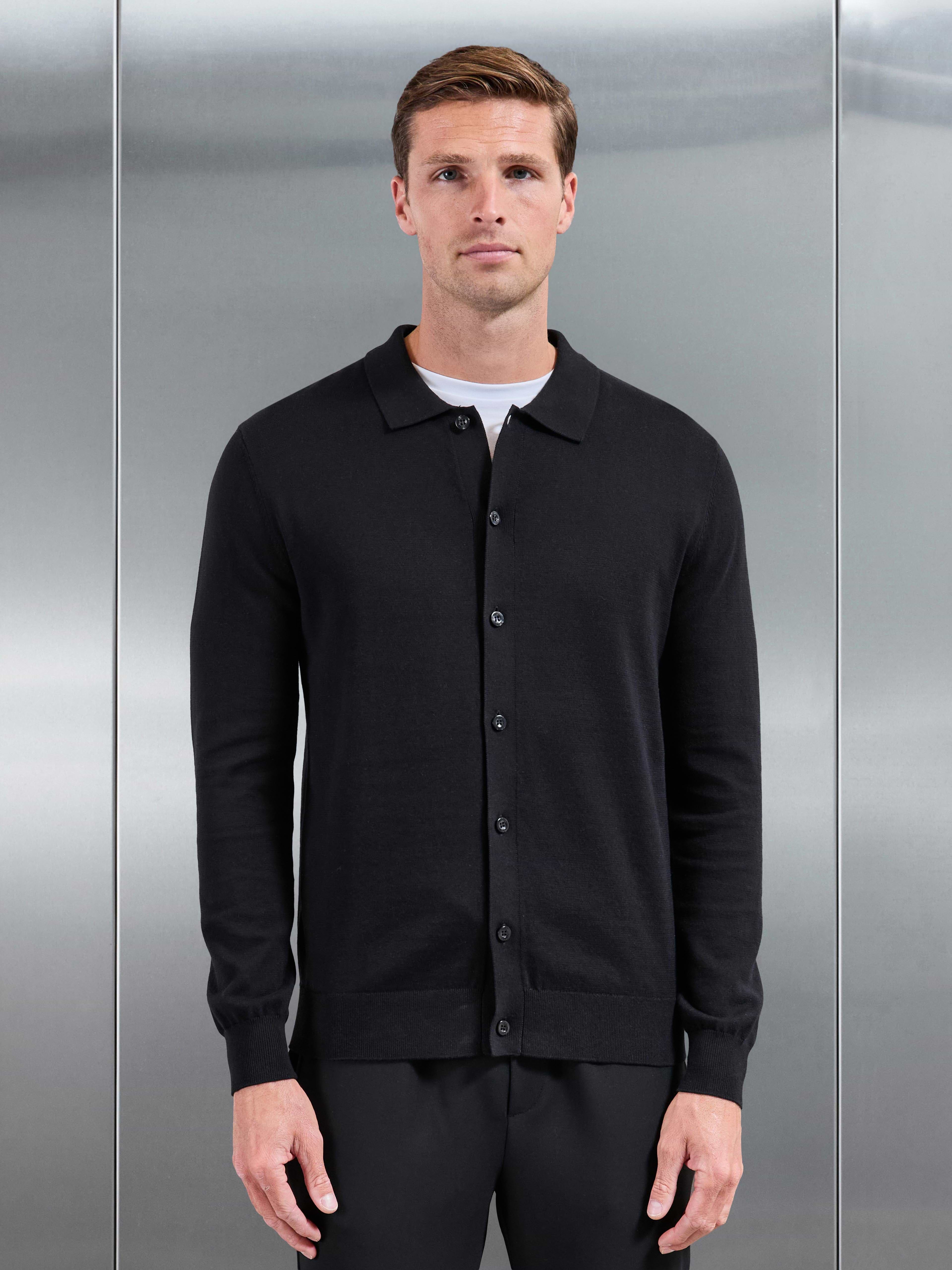 Cotton Knitted Button Through Overshirt in Black