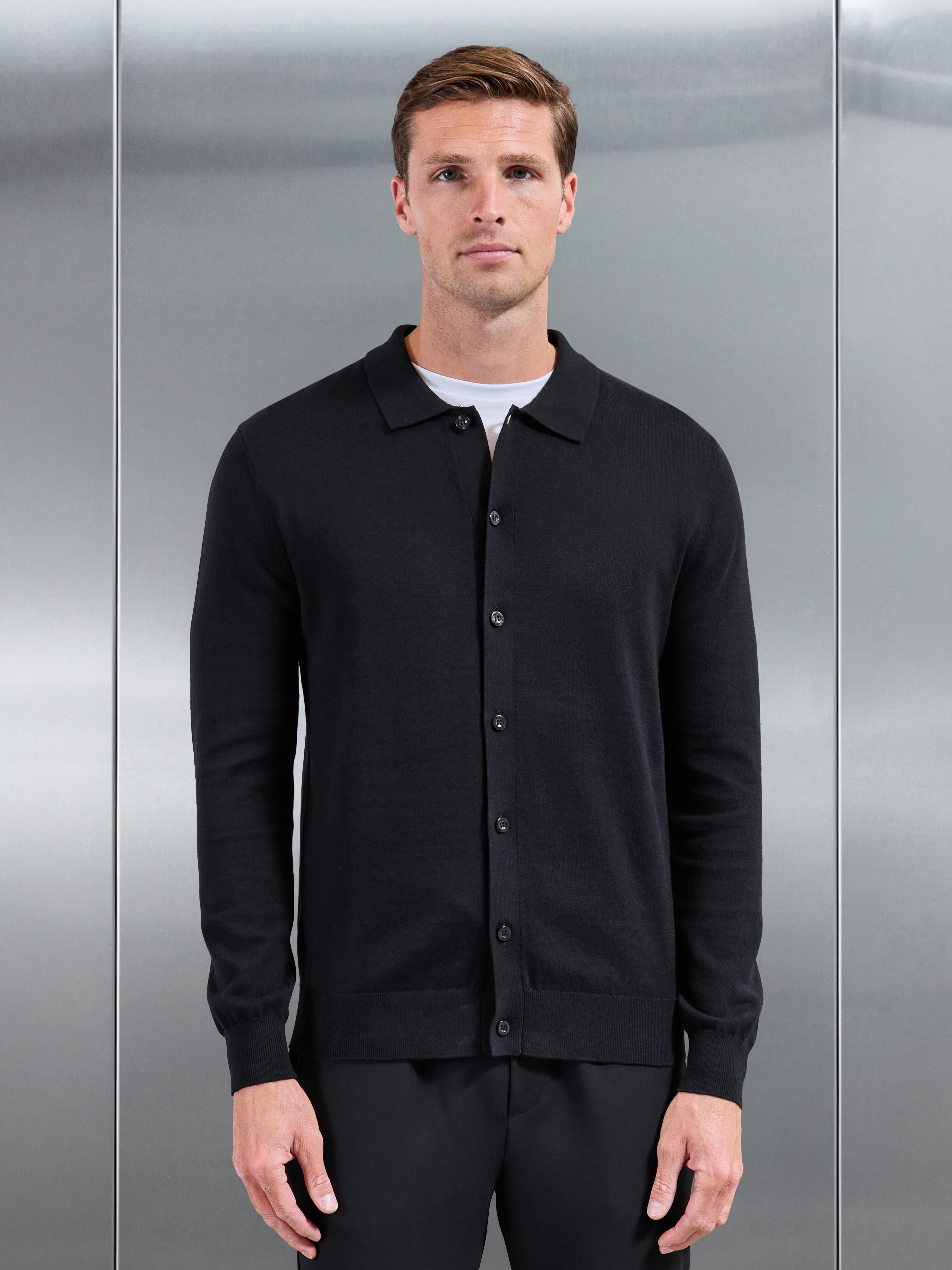 Cotton Knitted Button Through Overshirt in Black