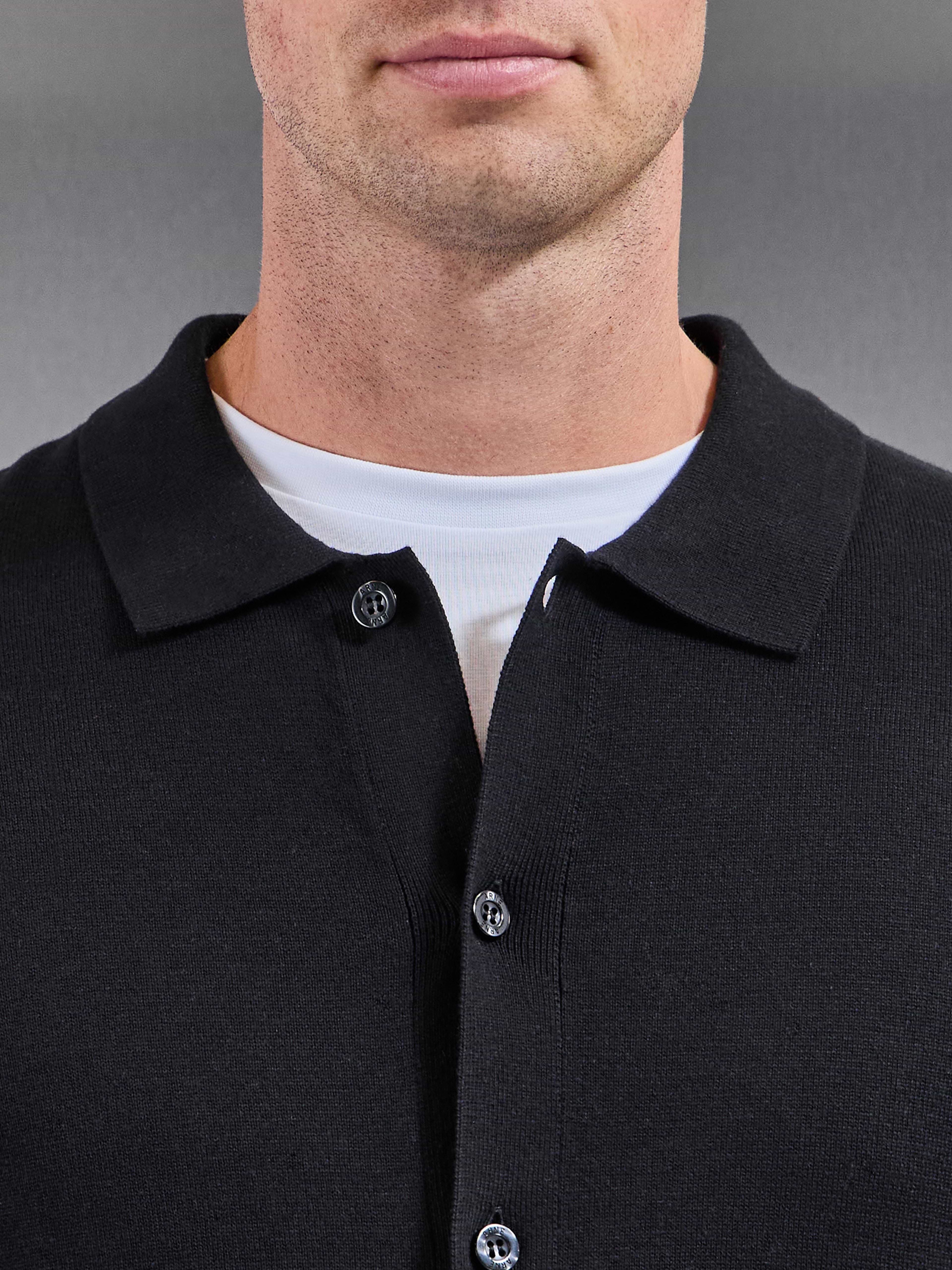 Cotton Knitted Button Through Overshirt in Black