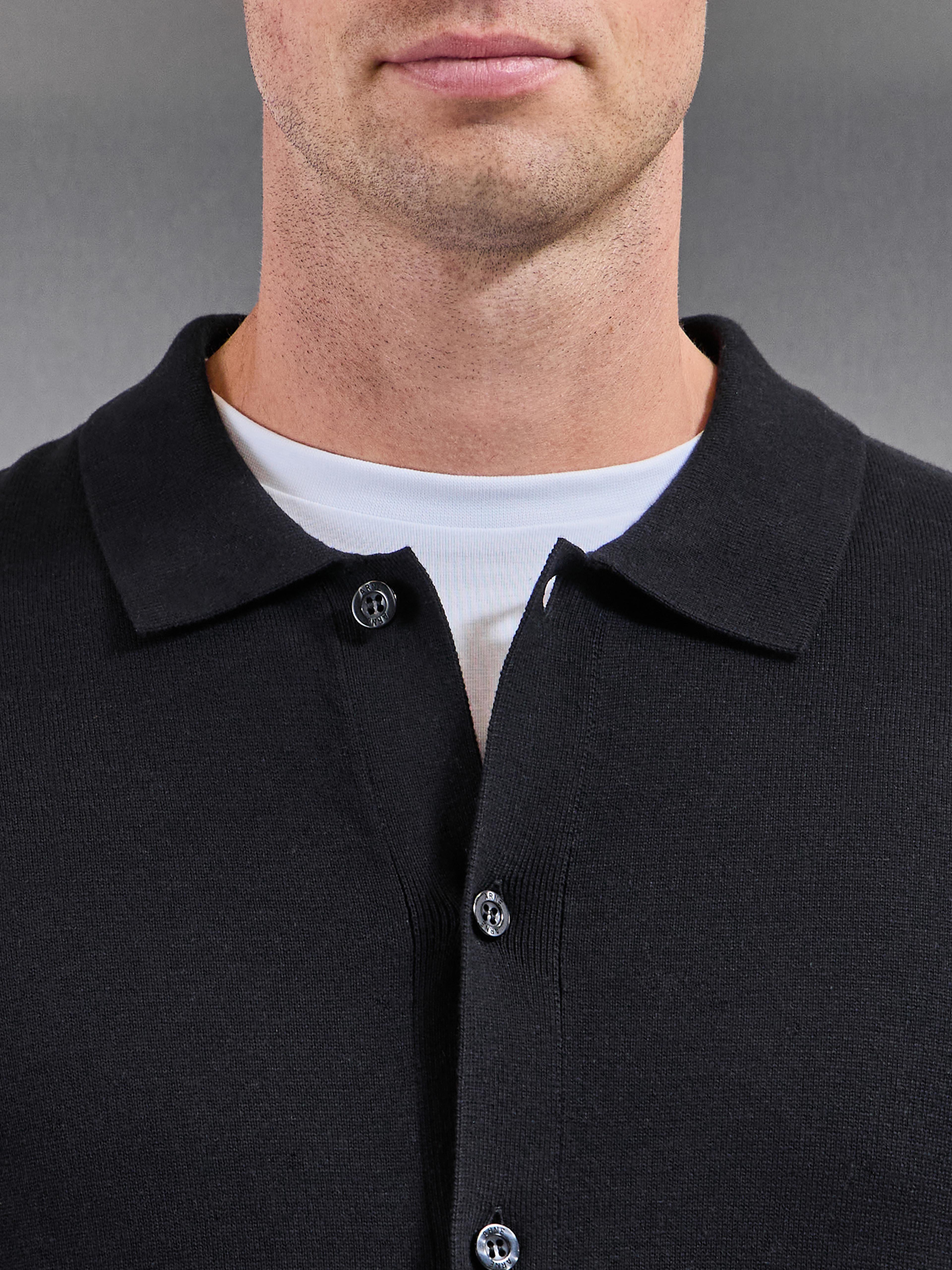 Cotton Knitted Button Through Overshirt in Black