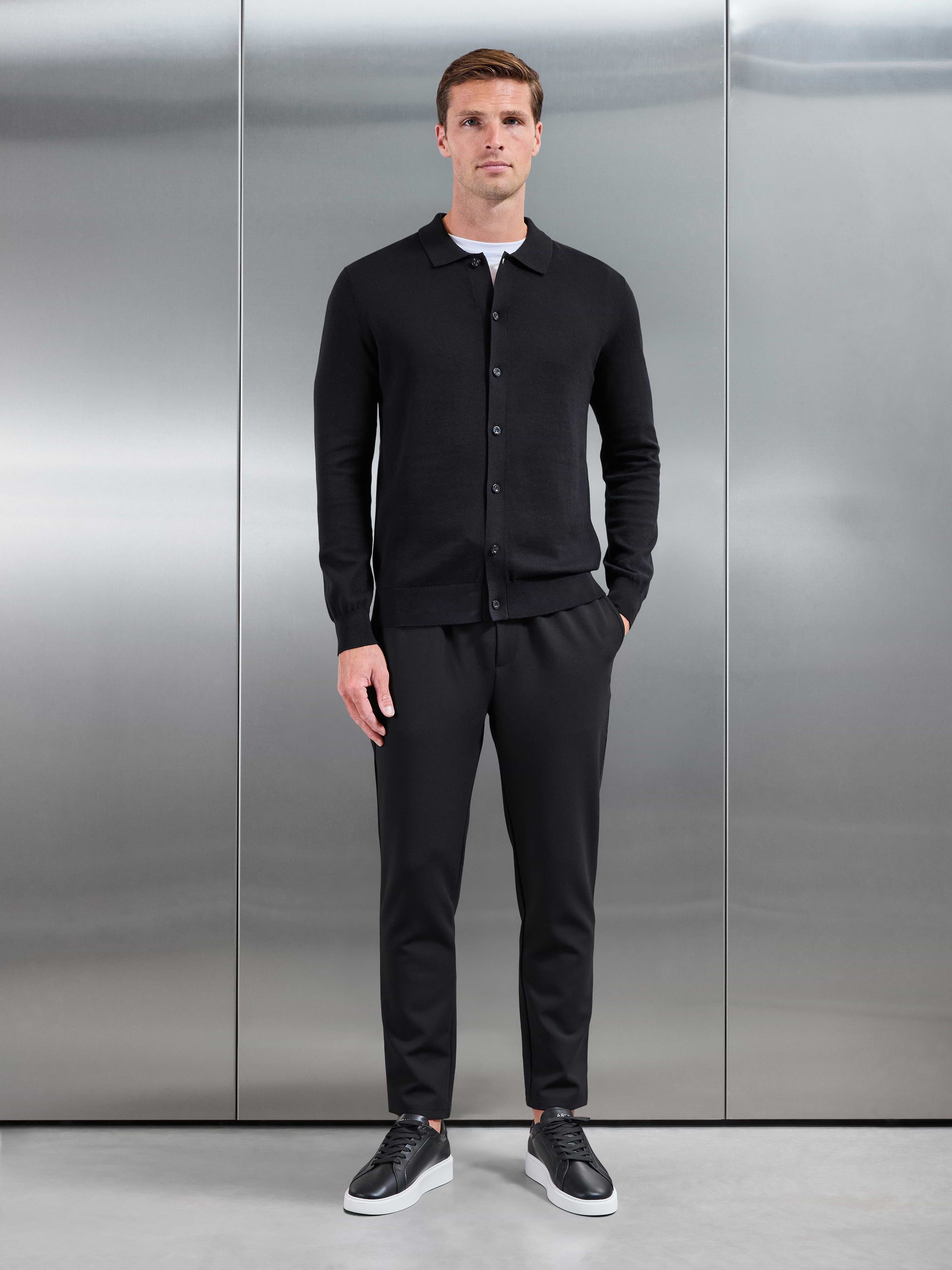 Cotton Knitted Button Through Overshirt in Black