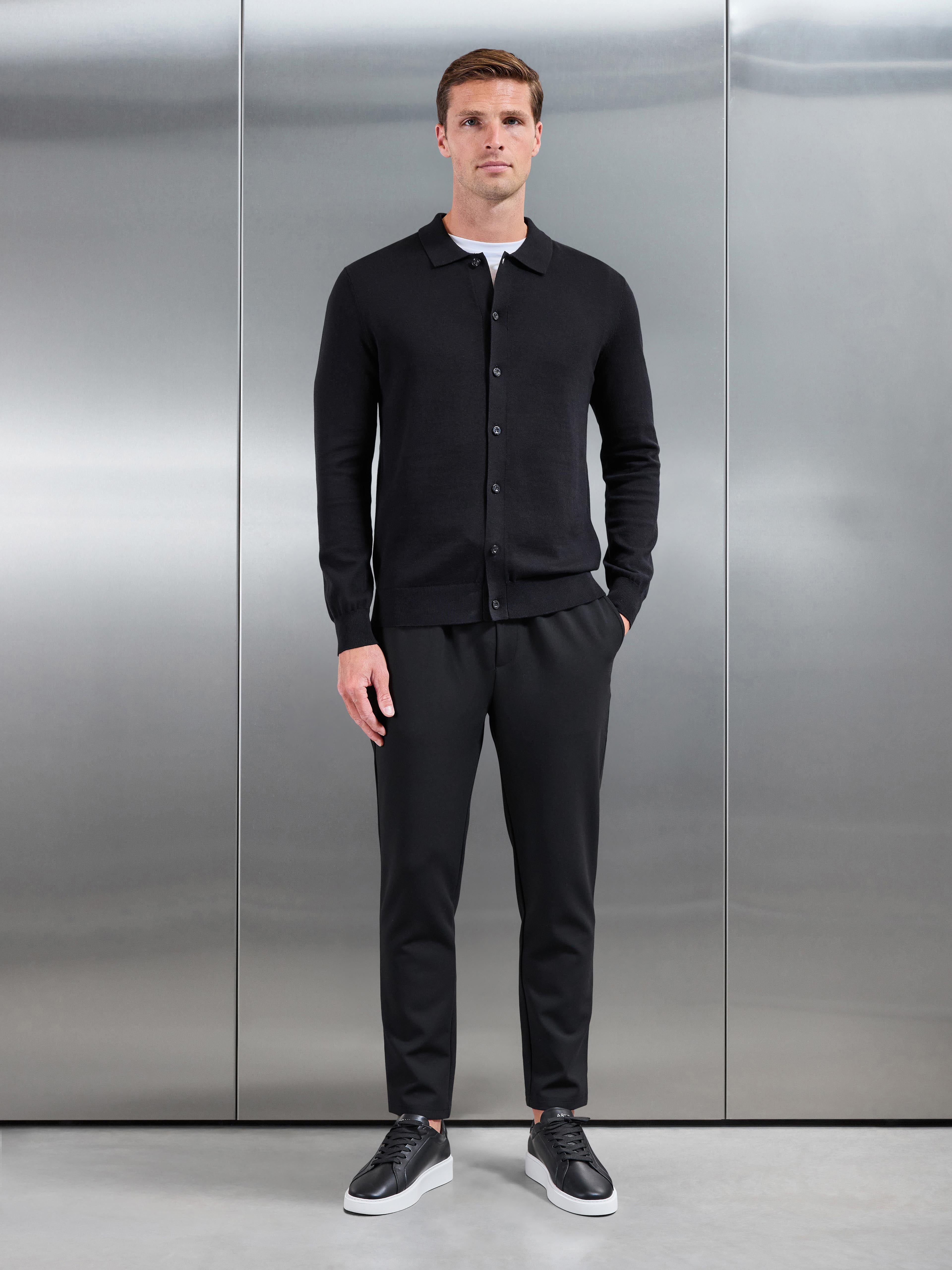 Cotton Knitted Button Through Overshirt in Black