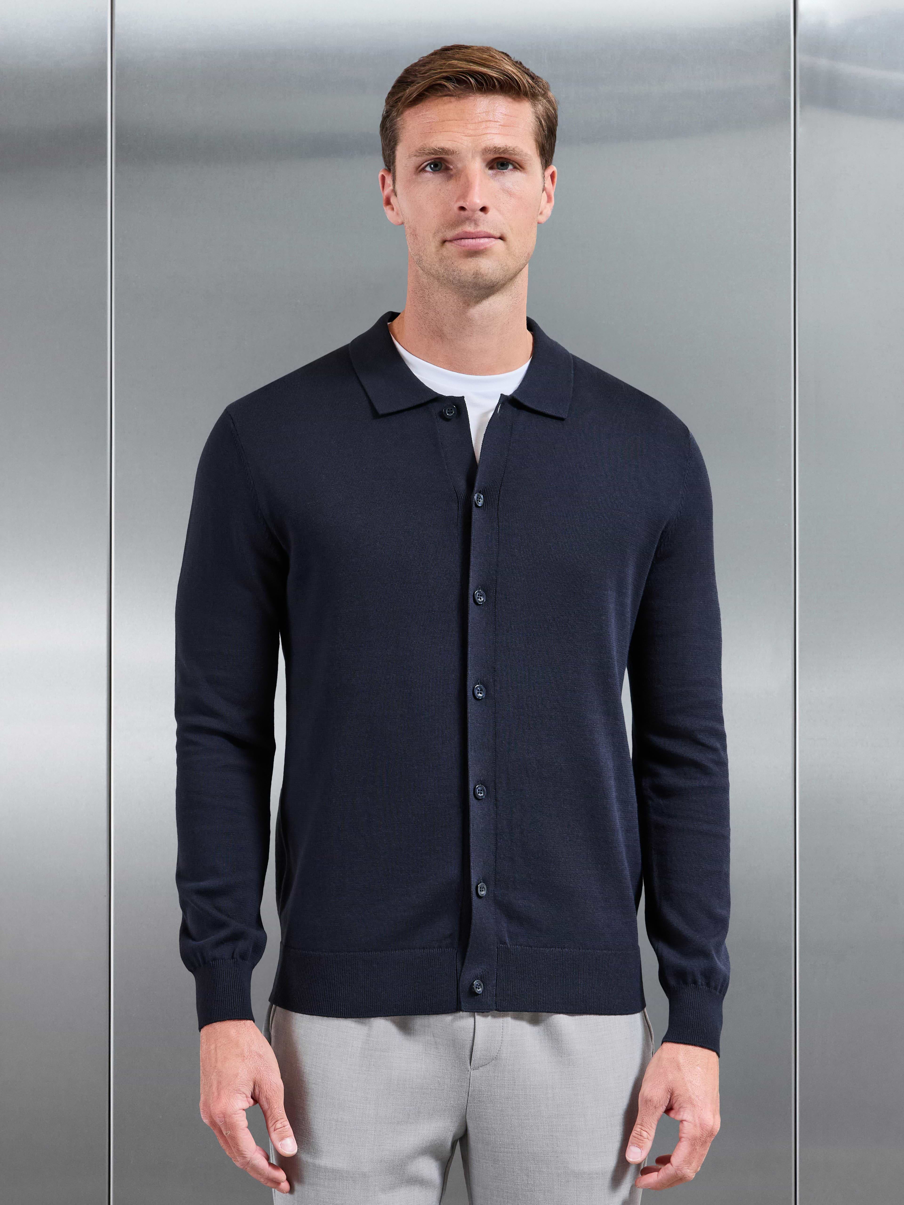 Cotton Knitted Button Through Overshirt in Navy