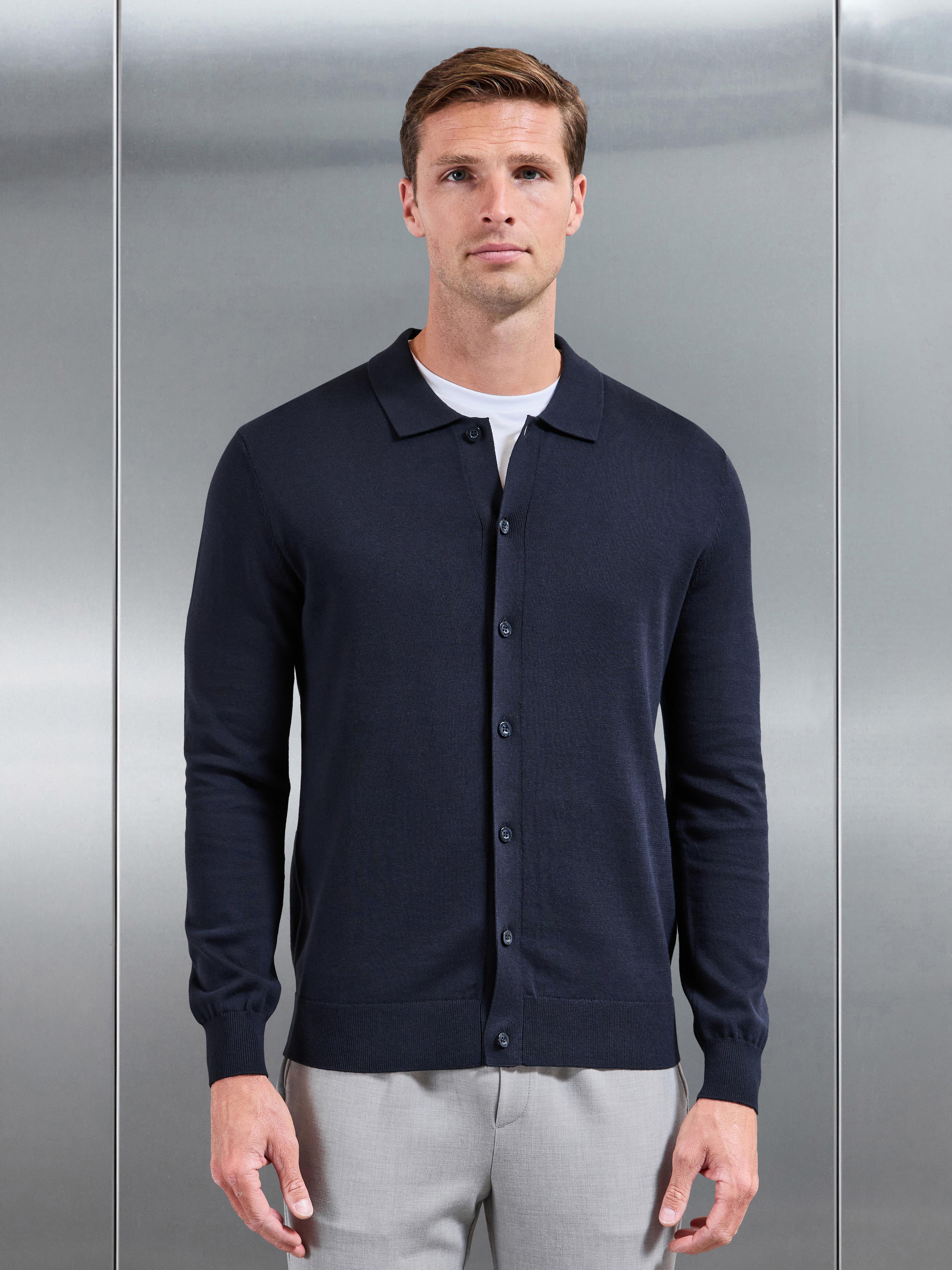 Cotton Knitted Button Through Overshirt in Navy