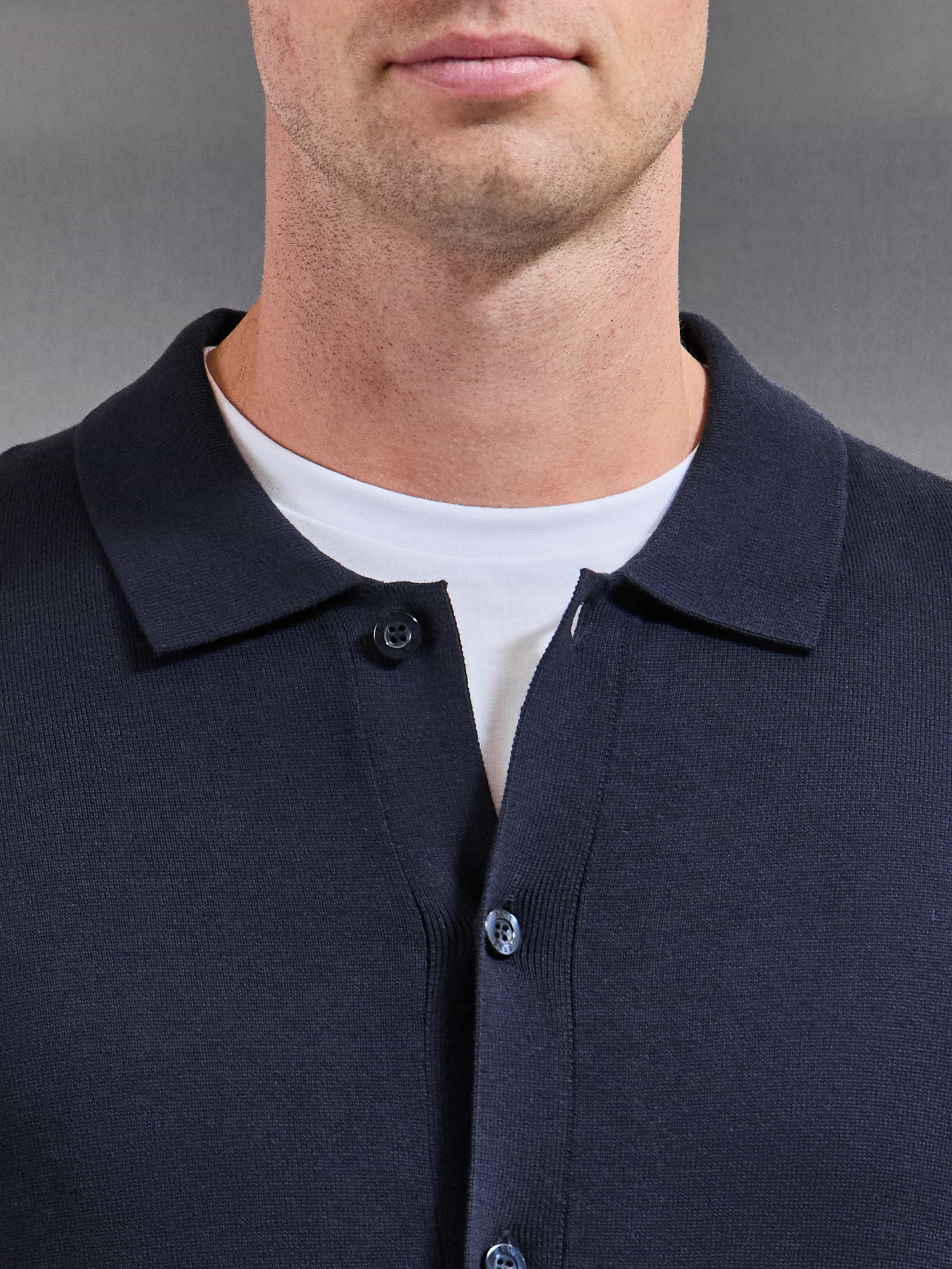 Cotton Knitted Button Through Overshirt in Navy