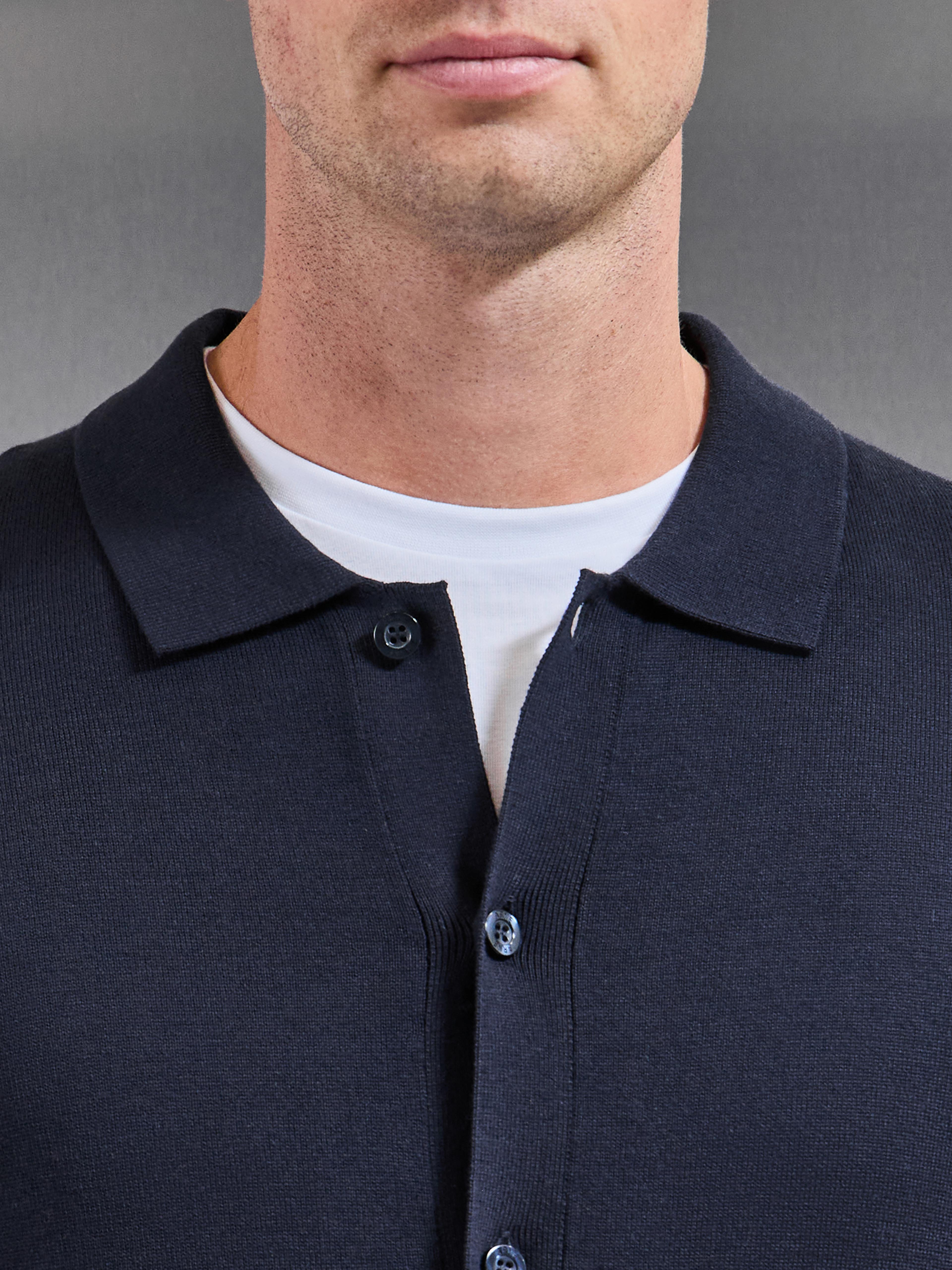 Cotton Knitted Button Through Overshirt in Navy